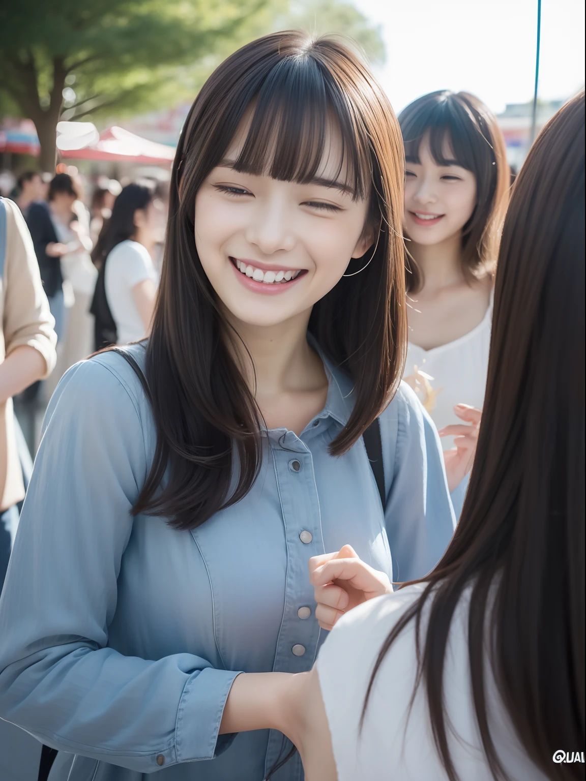 masuter piece, best qualtiy, (realisitic, Photorealsitic:1.37), ((独奏)), 8K image quality, Extremely delicate and beautiful, splendid, Official art with attention to detail, Ridiculous, Unbelievably ridiculous, huge filesize, ultra-detailliert, ighly detailed, (Cute little girl s), (detailed girl), extremely detailed eye and face, Beautiful detailed eyes, Light makeup, ((Perfect female figure)), Slim waist, (japanese beauty girl), Black hair, With bangs, ((fullllbody)), ((Put the head in the frame)), ((dressed casually, random)), An amusement park, ((Open your mouth, smiling with squinting eyes)),
