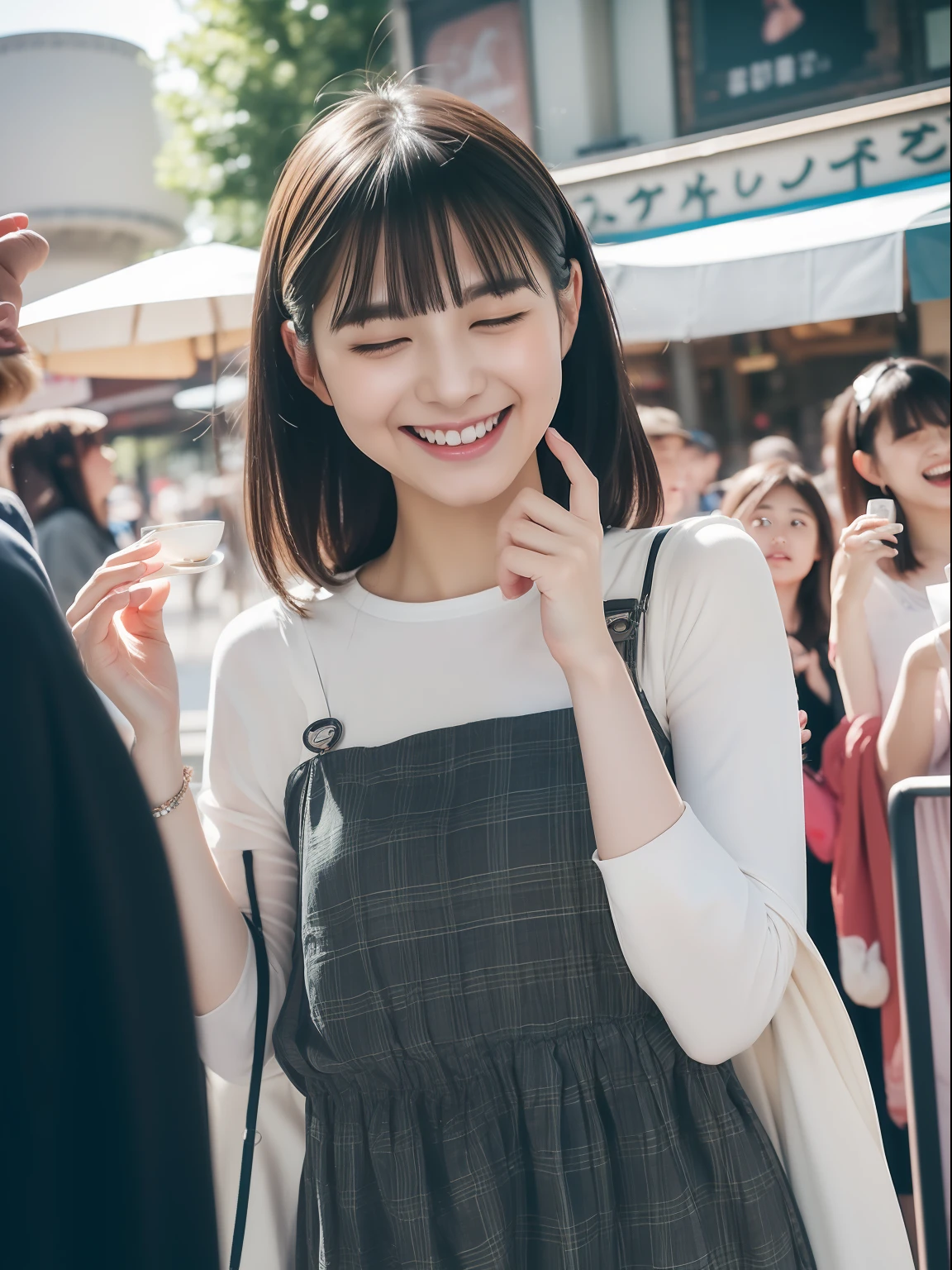 masuter piece, best qualtiy, (realisitic, Photorealsitic:1.37), ((独奏)), 8K image quality, Extremely delicate and beautiful, splendid, Official art with attention to detail, Ridiculous, Unbelievably ridiculous, huge filesize, ultra-detailliert, ighly detailed, (Cute little girl s), (detailed girl), extremely detailed eye and face, Beautiful detailed eyes, Light makeup, ((Perfect female figure)), Slim waist, (japanese beauty girl), Black hair, With bangs, ((fullllbody)), ((Put the head in the frame)), ((dressed casually, random)), An amusement park, ((Open your mouth, smiling with squinting eyes)),