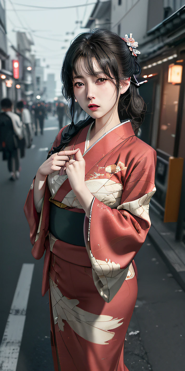 (top-quality、​masterpiece), 1girl, the pose, Particle, the wind,beautiful countenance, (photographrealistic:1.3), Rim Lighting, (High Detail Skins:1.2), 8K UHD, Digital SLR, hightquality, hight resolution, 4K, 8K, bokeh dof, absurderes, best ratio four finger and one thumb, (realisitic:1.3), middlebreast,　kimono、Tokyo Street