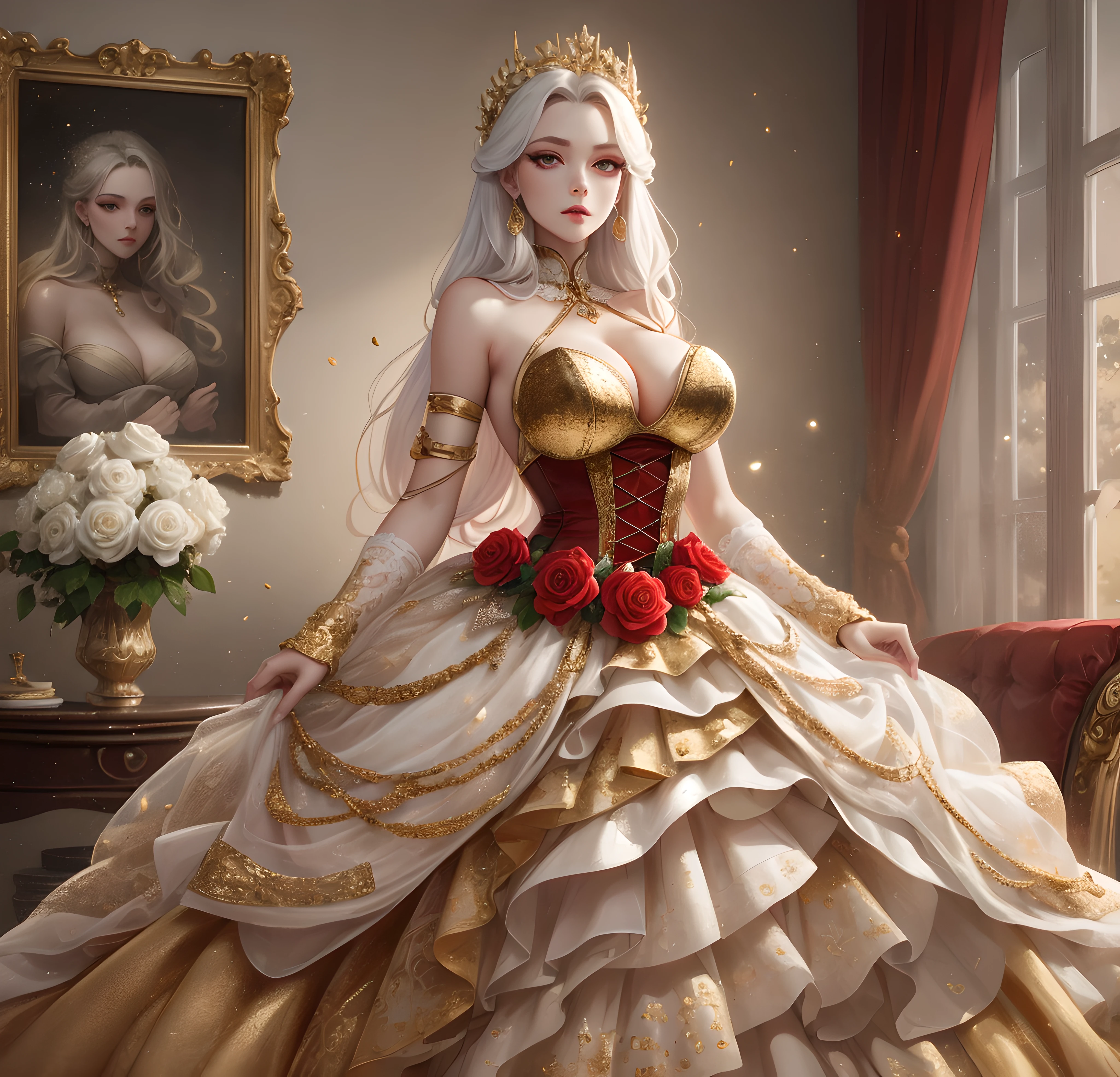 masterpiece, best quality, 8k, high resolution, 2D Digital art style, 1girl, solo, perfect composition, the rule of thirds, detailed modern styled victorian dress, cleavage, original character artwork, solo focus, (vampire Princess), queen mentality, extremely long voluminous white hair, thin waist, wide hips, beautiful red detailed eyes, Rococo style room background, roses and cherries, light particles, red,gold tetradic colors, volumetric lighting, dramatic lighting, indoors, (white, gold, red gradient:1.5), realistic, ultra-detailed, volumetric lighting, intricate details