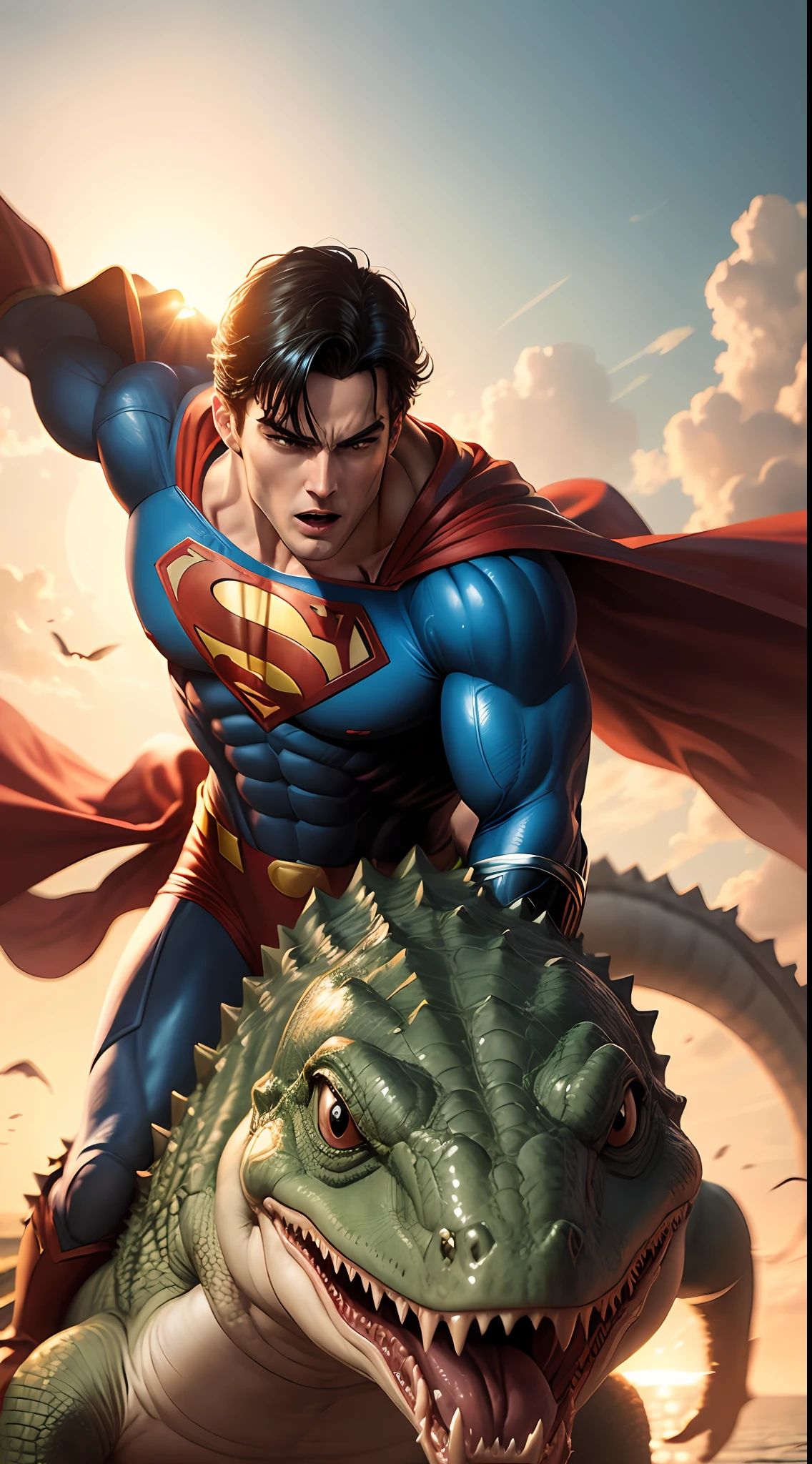 Superman riding crocodile