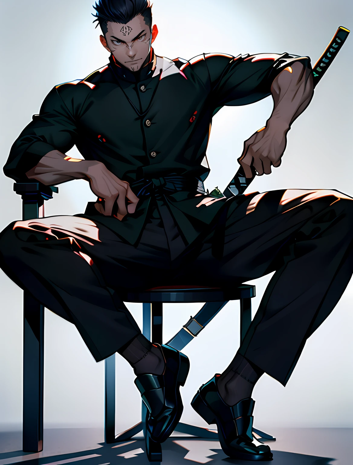 best qualtiy， tmasterpiece， face expressionless， 超高分辨率， detailedbackground， 独奏， muscles male， short detailed hair， Sat down， sofe， Real shadows and light， depth of fields， Izo Tomeda，Okada Izo，Eye focus，Black socks，Samurai clothes，swordsman，hitman，Consistent with anatomical principles