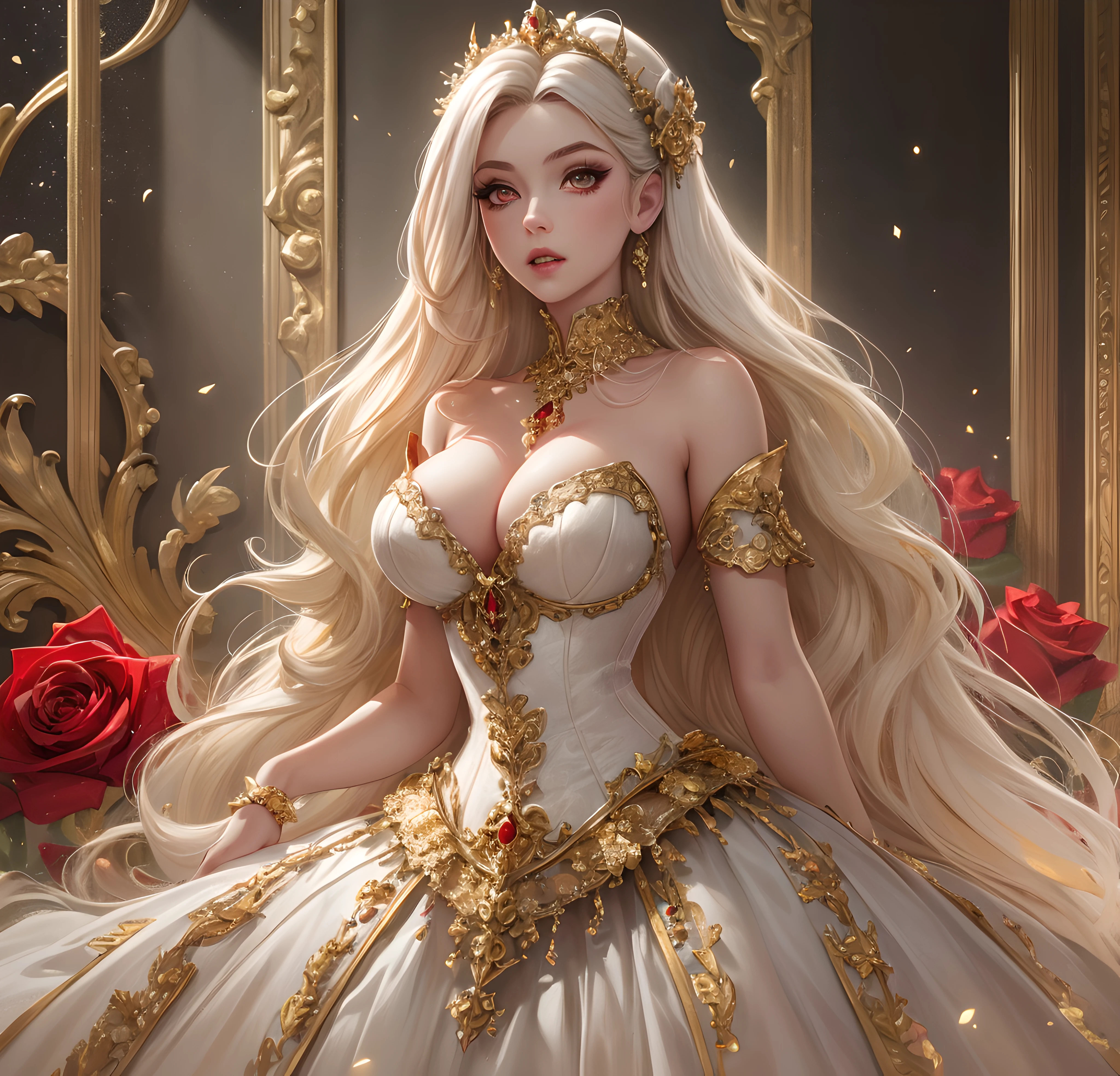 masterpiece, best quality, 8k, high resolution, 2D Digital art style, 1girl, solo, perfect composition, the rule of thirds, detailed modern styled victorian dress, cleavage, original character artwork, solo focus, (vampire Princess), queen mentality, extremely long voluminous white hair, thin waist, wide hips, beautiful red detailed eyes, Rococo style room background, roses and cherries, light particles, red,gold tetradic colors, volumetric lighting, dramatic lighting, indoors, (white, gold, red gradient:1.5), realistic, ultra-detailed, volumetric lighting, intricate details