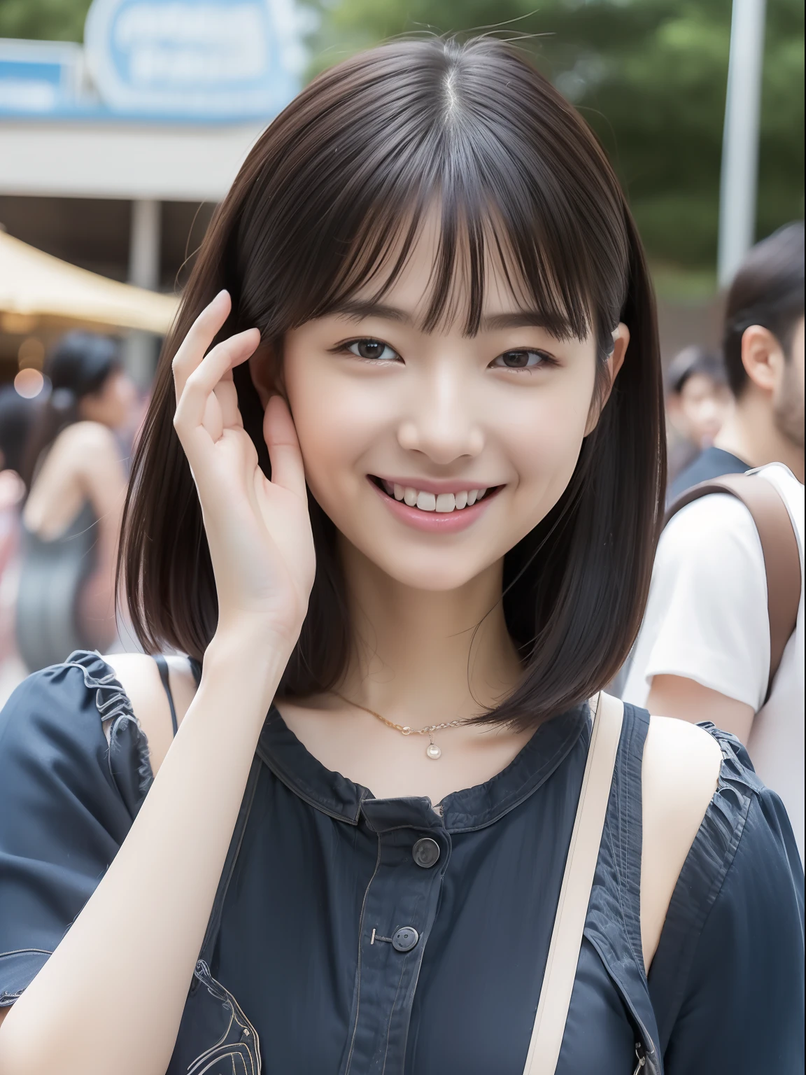 masuter piece, best qualtiy, (realisitic, Photorealsitic:1.37), ((独奏)), 8K image quality, Extremely delicate and beautiful, splendid, Official art with attention to detail, Ridiculous, Unbelievably ridiculous, huge filesize, ultra-detailliert, ighly detailed, (Cute little girl s), (detailed girl), extremely detailed eye and face, Beautiful detailed eyes, Light makeup, ((Perfect female figure)),  Slim waist, (japanese beauty girl), Black hair, With bangs, ((fullllbody)), ((Put the head in the frame)), ((Casual and revealing clothing, random)), An amusement park, ((Open your mouth, smiling with squinting eyes)),