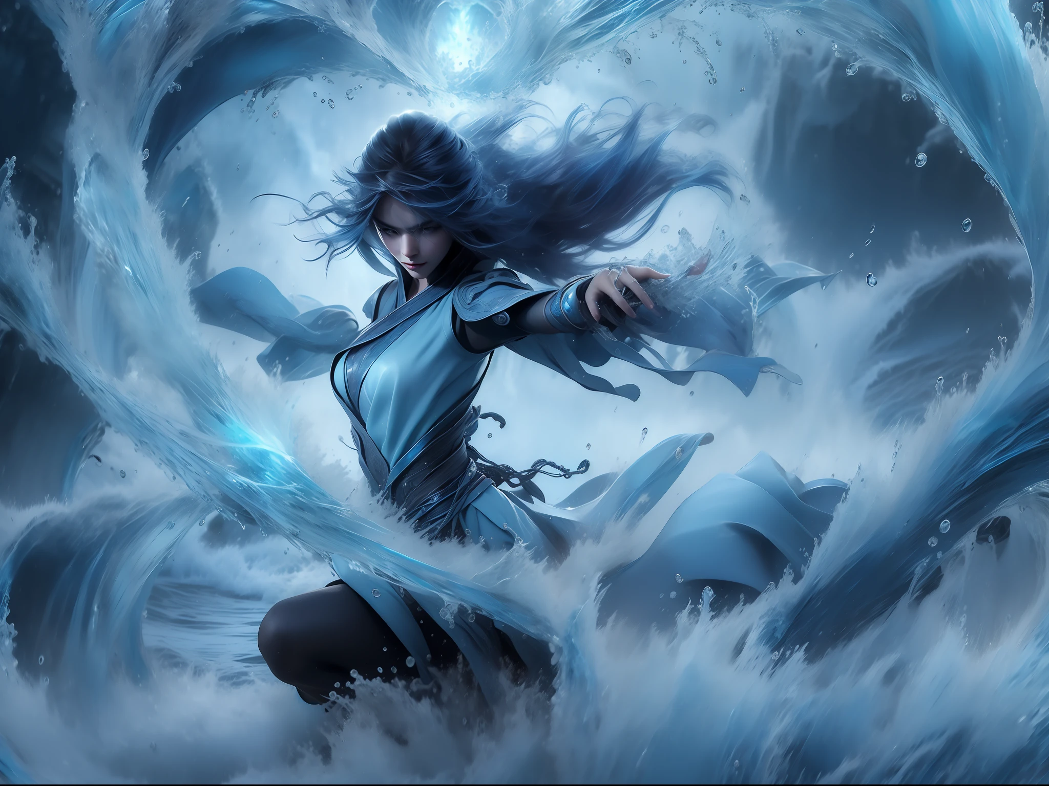 The goddess of water, in dynamic attitude, unleash the power of water, with whips of water surrounding and whirling out of her perfect body. The has wet long dark purple messy hair and a silver armour over a blue tunic. Dynamic pose, energic, she shouts with determination. Highly detailed. Photography.