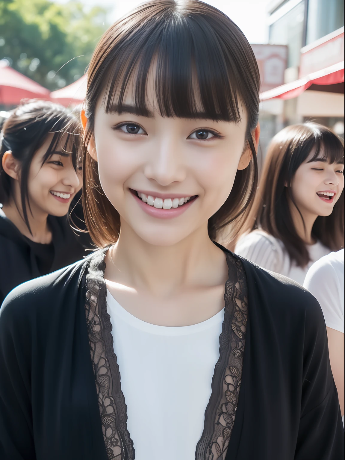masuter piece, best qualtiy, (realisitic, Photorealsitic:1.37), ((独奏)), 8K image quality, Extremely delicate and beautiful, splendid, Official art with attention to detail, Ridiculous, Unbelievably ridiculous, huge filesize, ultra-detailliert, ighly detailed, (Cute little girl s), (detailed girl), extremely detailed eye and face, Beautiful detailed eyes, Light makeup, ((Perfect female figure)), Slim waist, (japanese beauty girl), Black hair, With bangs, ((fullllbody)), ((Put the head in the frame)), ((Casual and revealing clothing, random)), An amusement park, ((Open your mouth, smiling with squinting eyes)),