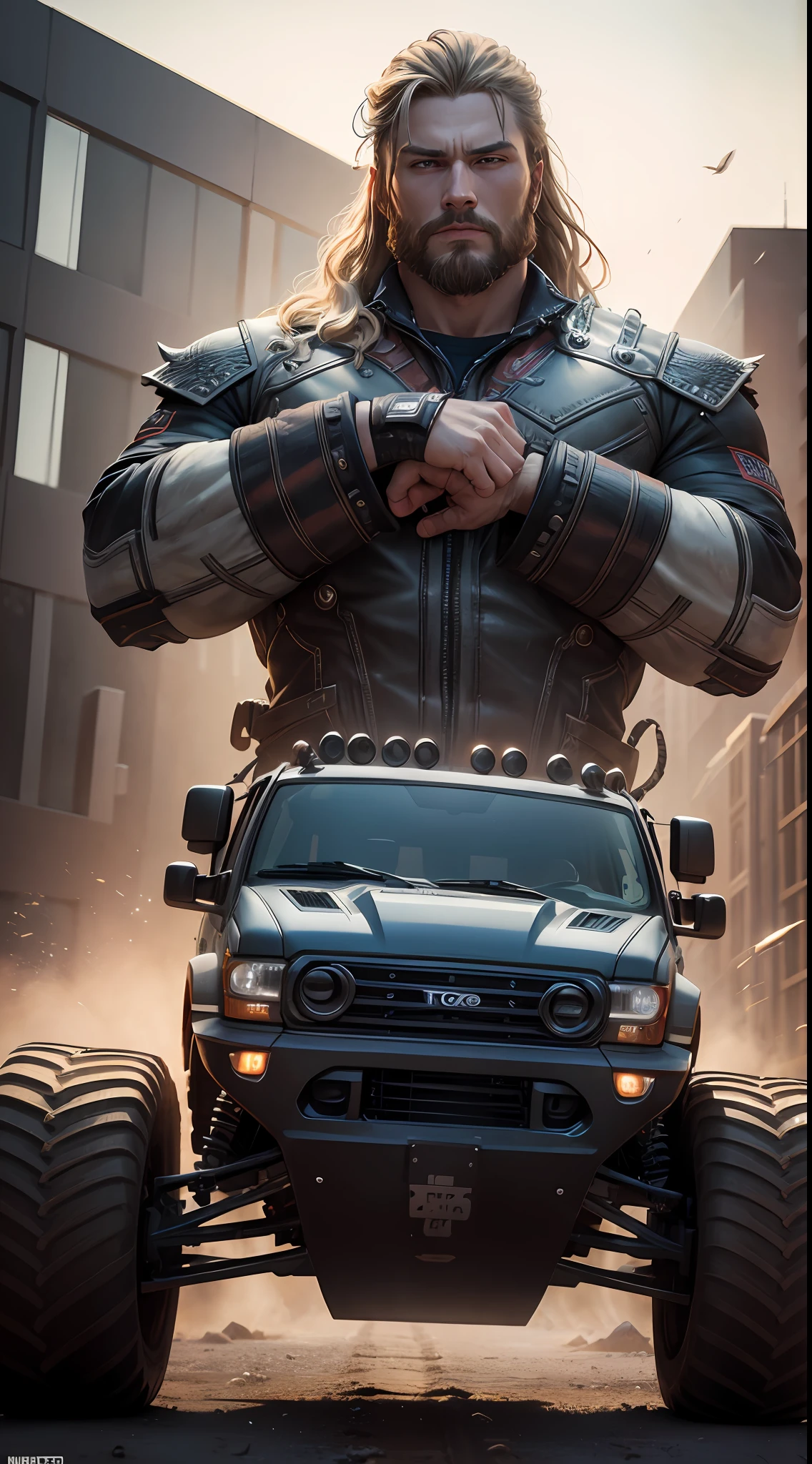 Thor patterned monster truck, (((monster truck))), Realistic, Photorealistic, (masterpiece:1,5), urban background, concept art, intricate detail, high detail, photo realistic, octane render, 8k, dynamic poses, best quality, (face realistic : 1.1), (hyperrealistic:1.1), ((full_body 1:1)), (very detailed background), not out of frame, Macro photography, Macro lens, Super detailed