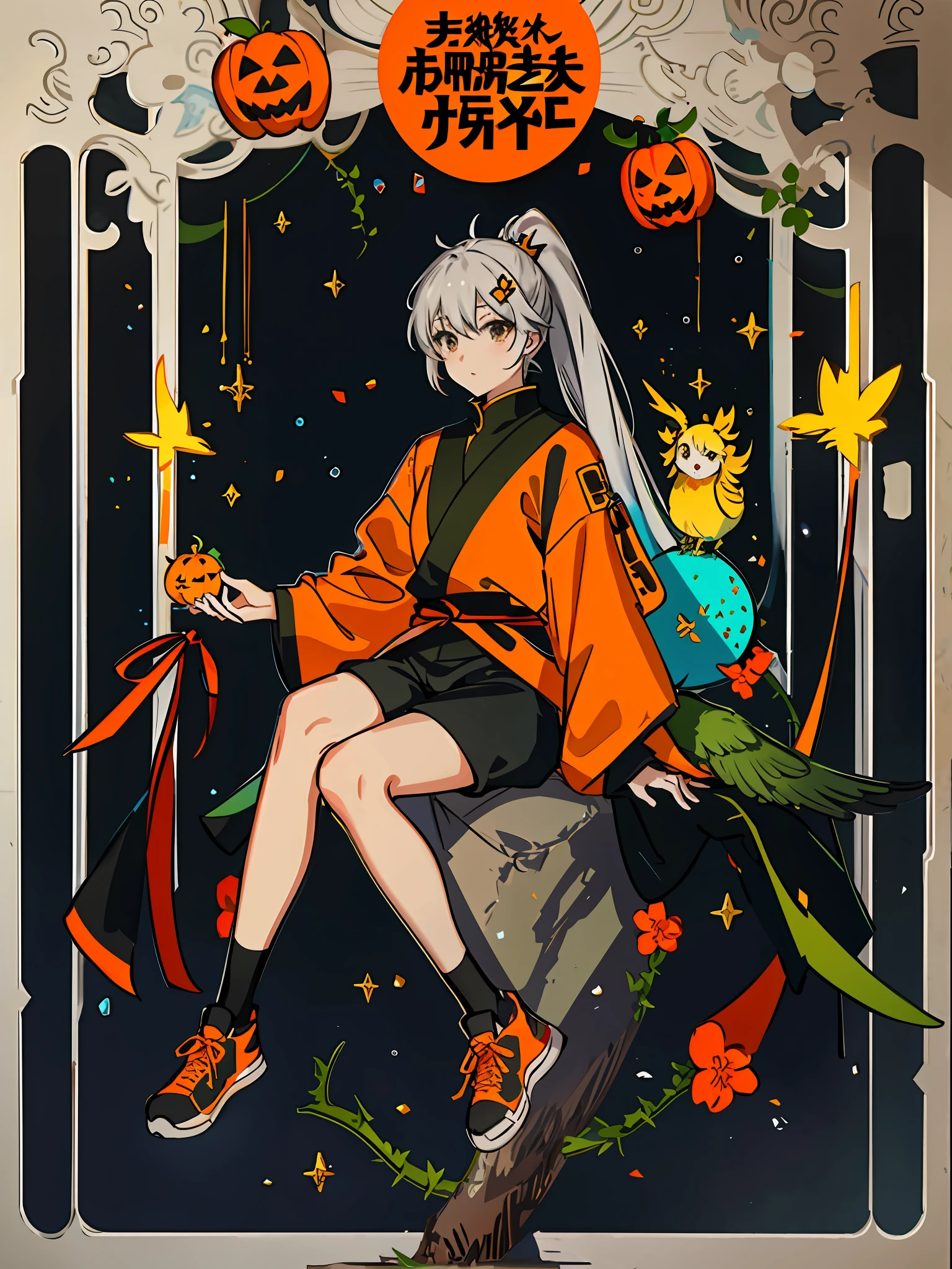 Draw a high-quality color sketch,Depicts a girl sitting on a stone,She was holding a bird in her hand。Inspired by Huang Shen and infused with the Dragon King's Shinobi Goto Art style。The girl's styling is the creation of author Yuki Ogura,In she has a silver-white single ponytail,Wearing a skeleton hairpin。She wore orange clothes and a yellow undershirt,Pair it with black shorts and Halloween-inspired black sneakers,The body is wrapped in thorns and vines。