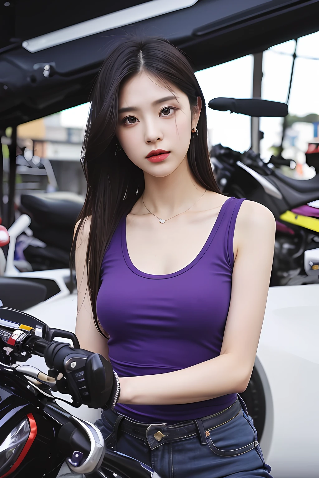 (extra detailed body、extra detailed face、best qualtiy:1.2)、femele、looking at the viewers、(Purple tank top、JINS)、(Motorcycle on background:1.4)