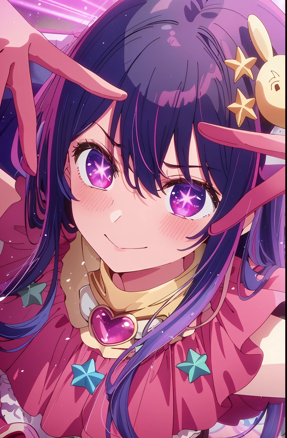 masterpiece、ighly detailed、(1 girl in:1.2)、purple color hair、pink dress、big eye、a closeup、A smile、8K 、Ai Hoshino、Live performance venue