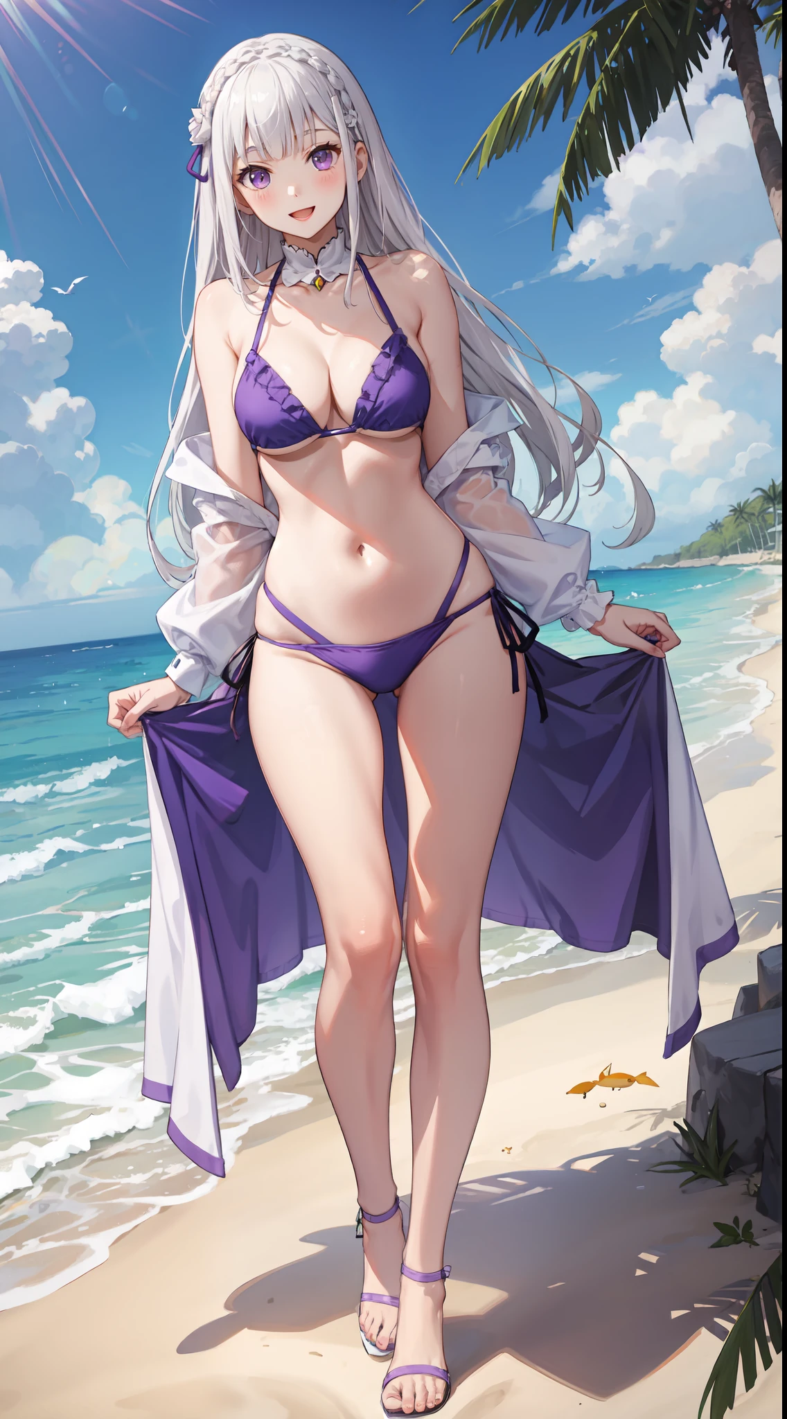 slim legs, cleavage, happy, navel, purple eyes, emilia, stand, White hair, long hair, side tie bikini, beach