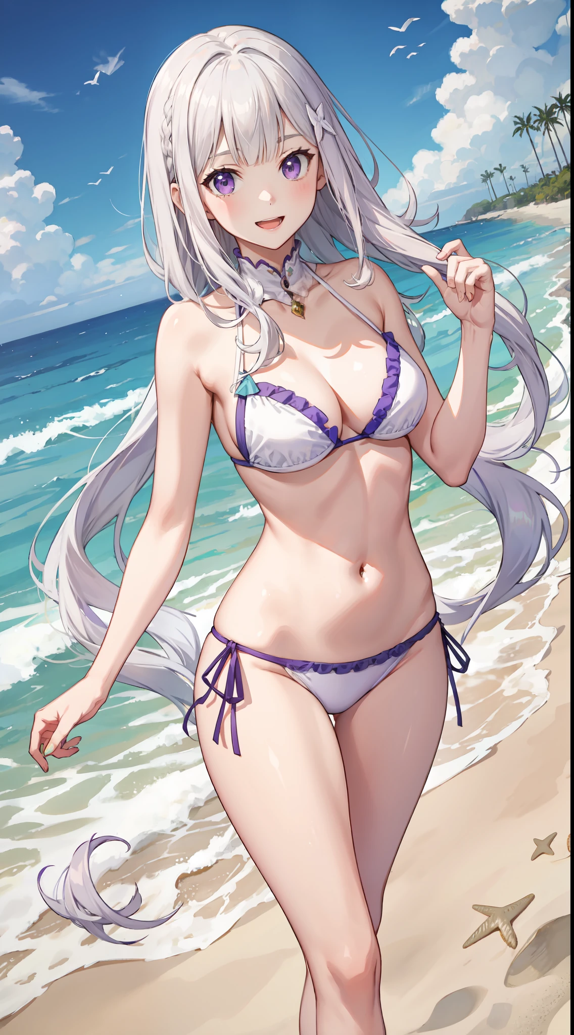 slim legs, cleavage, happy, navel, purple eyes, emilia, stand, White hair, long hair, side tie bikini, beach