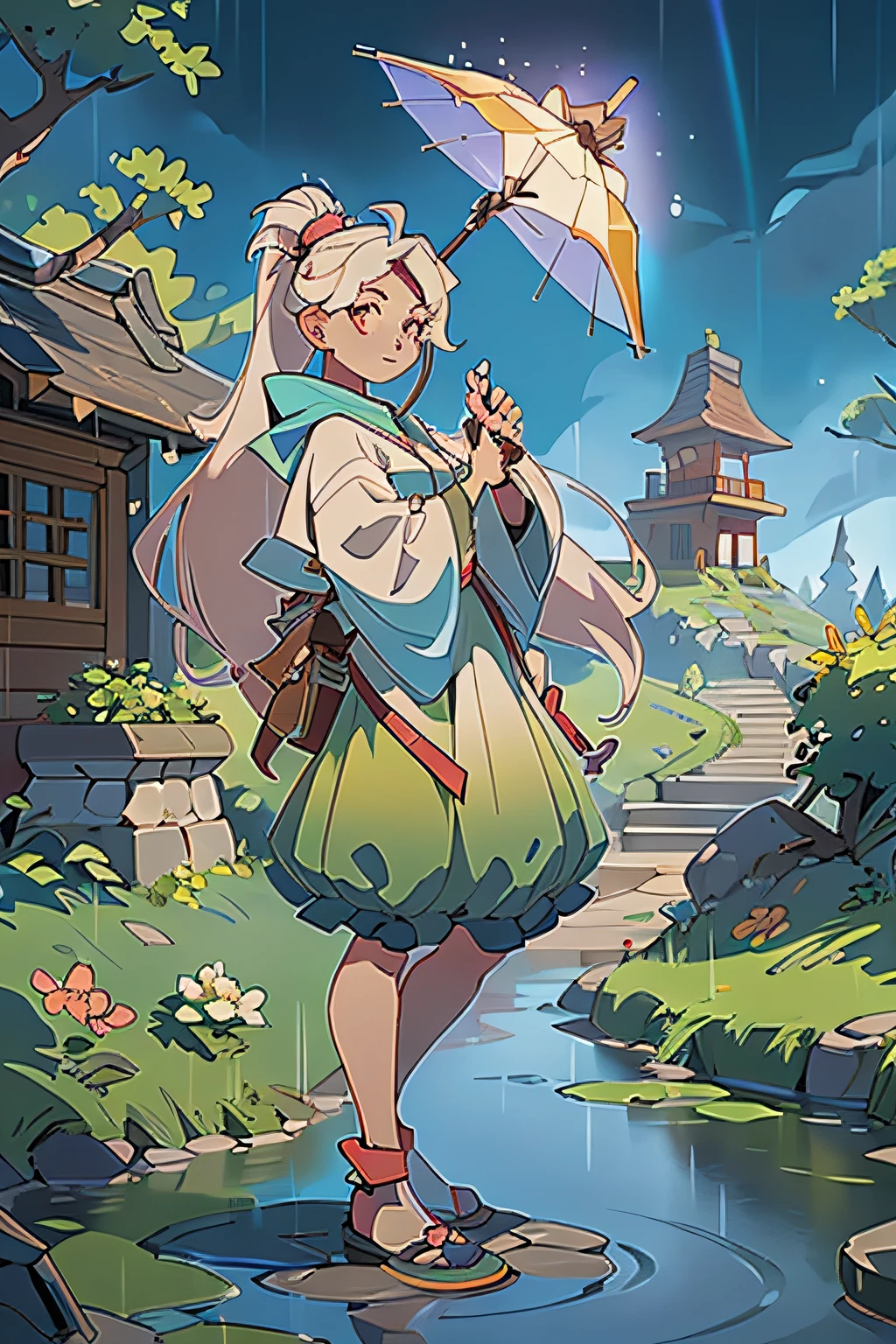 ((Game architecture icon, Game Icon)), (pathway, pond, national style architecture, peach blossoms, forest, rainbow crossing the sky, stone wall, dragon, beautiful), reasonable structure, HD, Game Icon, perfect work, intricate design, game model, stunning lighting, C4D, OC rendering, movie edge light, fine light, masterpiece, super detail, epic composition, super high-definition, high quality, highest quality, 32k, girl holding umbrella, rain