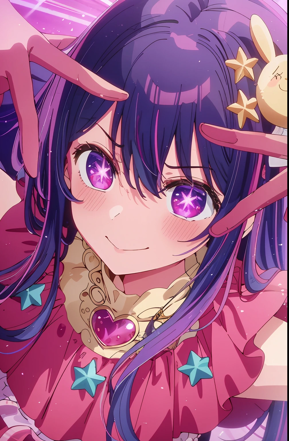 masterpiece、ighly detailed、(1 girl in:1.2)、purple color hair、pink dress、big eye、a closeup、A smile、8K 、Ai Hoshino、Live performance venue