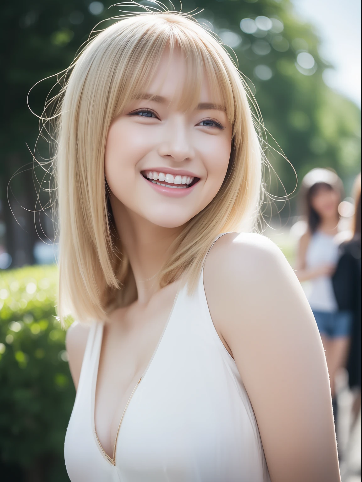 masuter piece, best qualtiy, (realisitic, Photorealsitic:1.37), ((独奏)), 8K image quality, Extremely delicate and beautiful, splendid, Official art with attention to detail, Ridiculous, Unbelievably ridiculous, huge filesize, ultra-detailliert, ighly detailed, (Cute little girl s), (detailed girl), extremely detailed eye and face, Beautiful detailed eyes, Light makeup, ((Perfect female figure)),  large full breasts, Slim waist, big butts, (Nordic beauty), Blonde hair, With bangs, ((fullllbody)), ((Put the head in the frame)), ((Casual and revealing clothing, random)), An amusement park, ((Open your mouth, smiling with squinting eyes)),