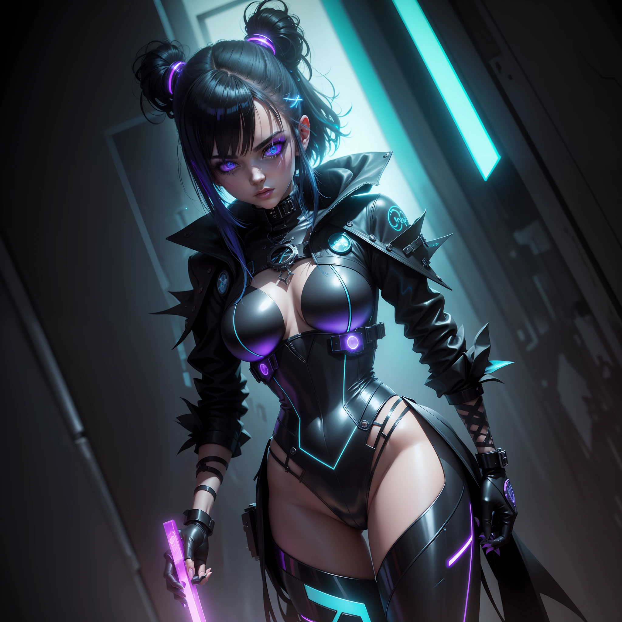 a gothic girl early 20s, astropunk, futuristic, realistic art, goth punk, gothic outfit, lustrous, iridescent, polished, slick, sparkling, splashy, vibrant holographic gradient, vantablack, true blue, silver colors, smoky black, russian violet, royal blue, neon colors, metal, gold, acrylic glass, character design, neon lights, triboluminescence, electroluminescence, bioluminescence --no deformed eyes