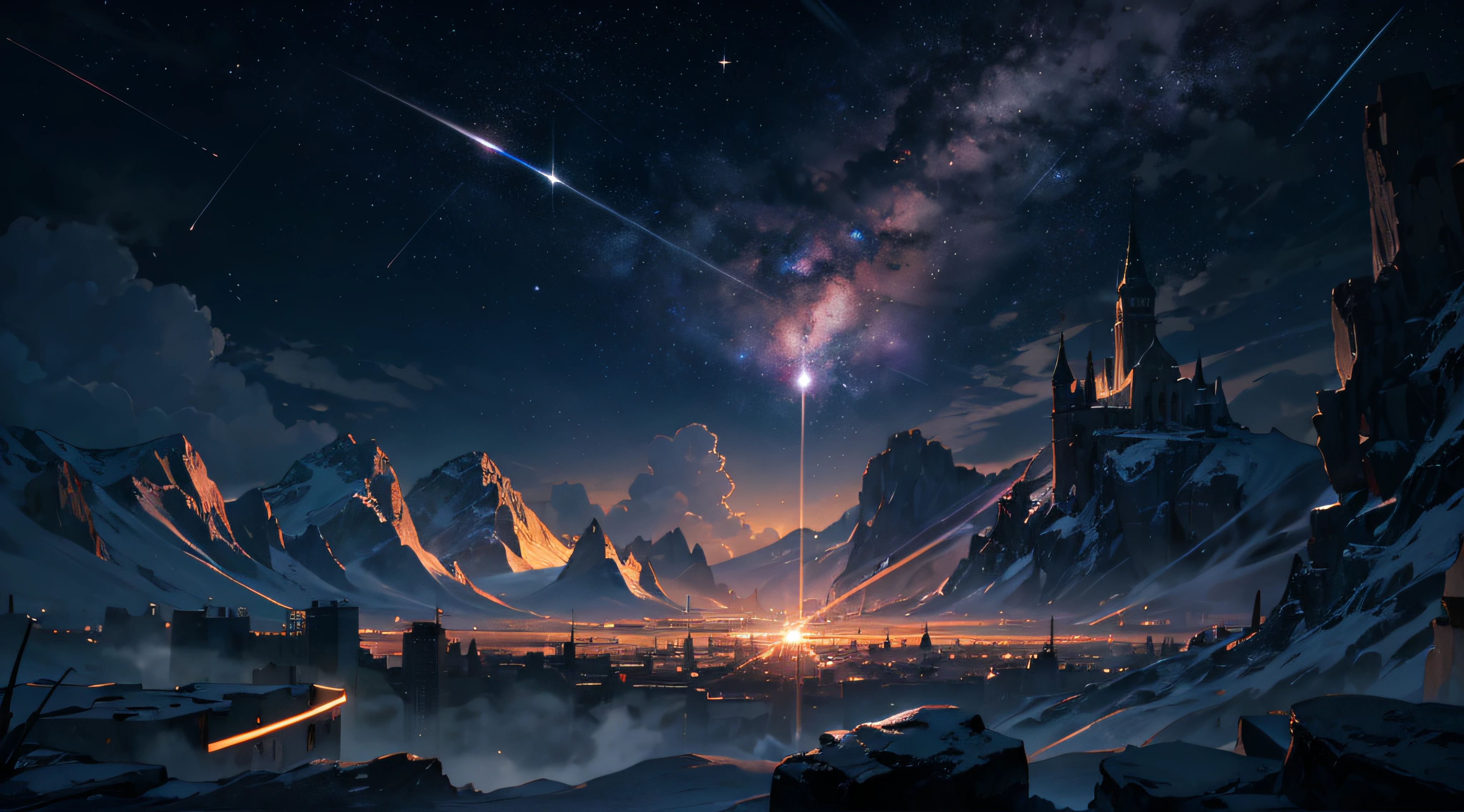 Expansive landscape photograph,(moon full:1.2),(meteors:0.9),(Starcloud:1.3),(Warm light source:1.2),(glowworm:1.2),lamp lights,Lots of purple and orange,Complicated details,Volumetriclighting,Realism BREAK(tmasterpiece:1.2),(best qualtiy),8K,Ultra-detailed,(dynamic compositions:1.4),The is very detailed,Colorful details,(Irridescent color:1.2),(luminouslighting,Atmospheric lighting),dream magical,magical,(独奏:1.2),((best qualtiy)), ((tmasterpiece)), (the detail:1.4),depth of fields,maximum definition and sharpness,perfectly proportions,Fluttering clouds,Wallpapers
