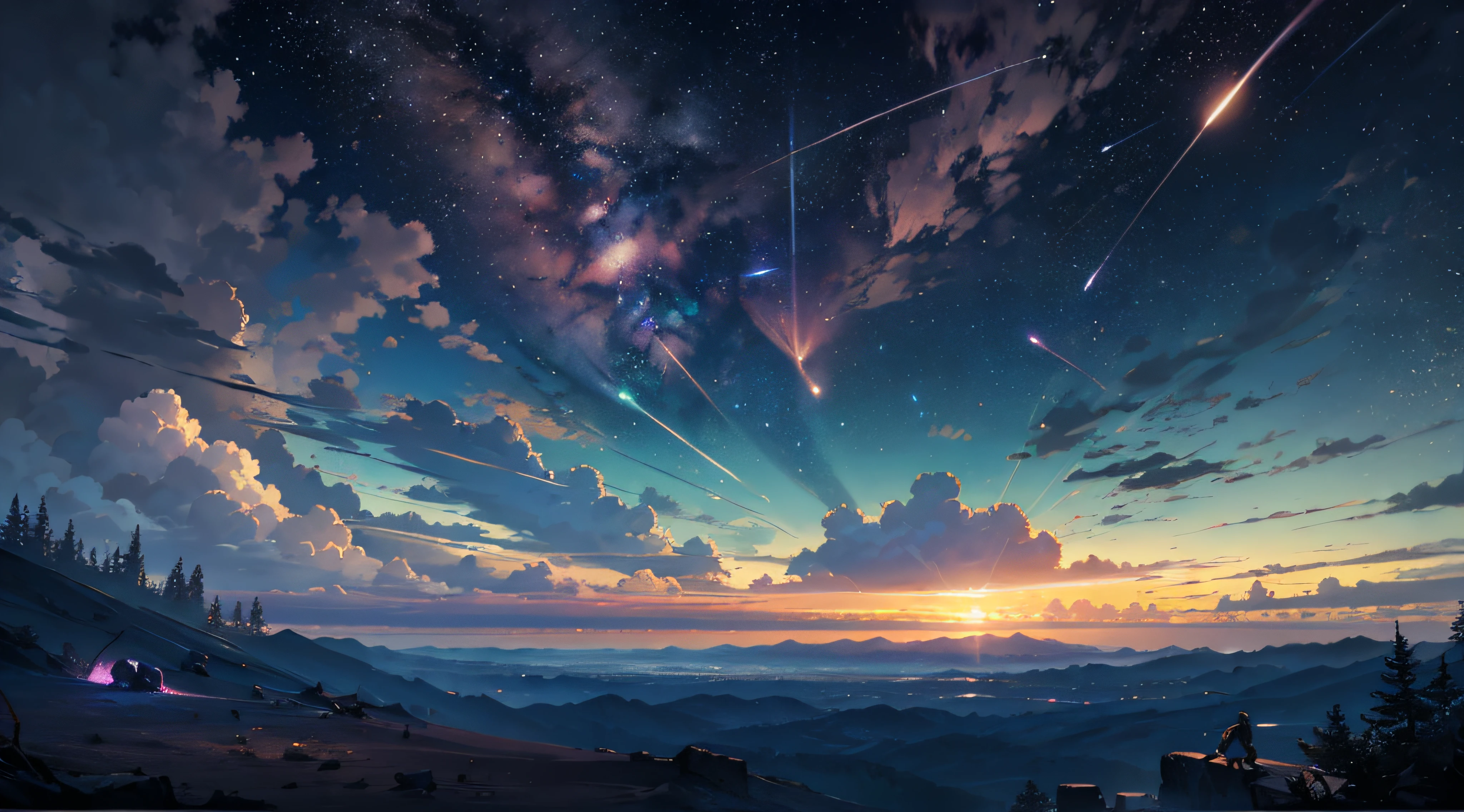 Expansive landscape photograph,(moon full:1.2),(meteors:0.9),(Starcloud:1.3),(Warm light source:1.2),(glowworm:1.2),lamp lights,Lots of purple and orange,Complicated details,Volumetriclighting,Realism BREAK(tmasterpiece:1.2),(best qualtiy),8K,Ultra-detailed,(dynamic compositions:1.4),The is very detailed,Colorful details,(Irridescent color:1.2),(luminouslighting,Atmospheric lighting),dream magical,magical,(独奏:1.2),((best qualtiy)), ((tmasterpiece)), (the detail:1.4),depth of fields,maximum definition and sharpness,perfectly proportions,Fluttering clouds,Wallpapers