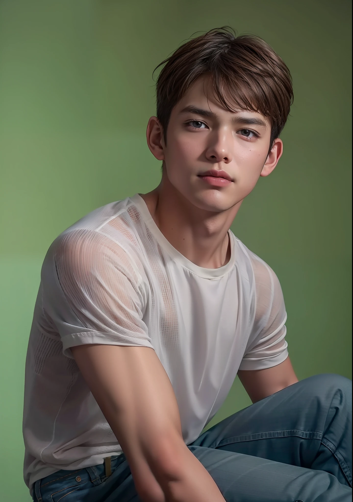 Handsome, , mestizo, best picture quality, higher quality, high detail, ultra-high resolution, 8k resolution, delicate facial features, boy, muscles, glowing eyes, short hair, hair details, legs apart [[look away, look to the side , Topless, ((((crotch bulge))))), real men, real human, jeans, sit down, skinny, shirt