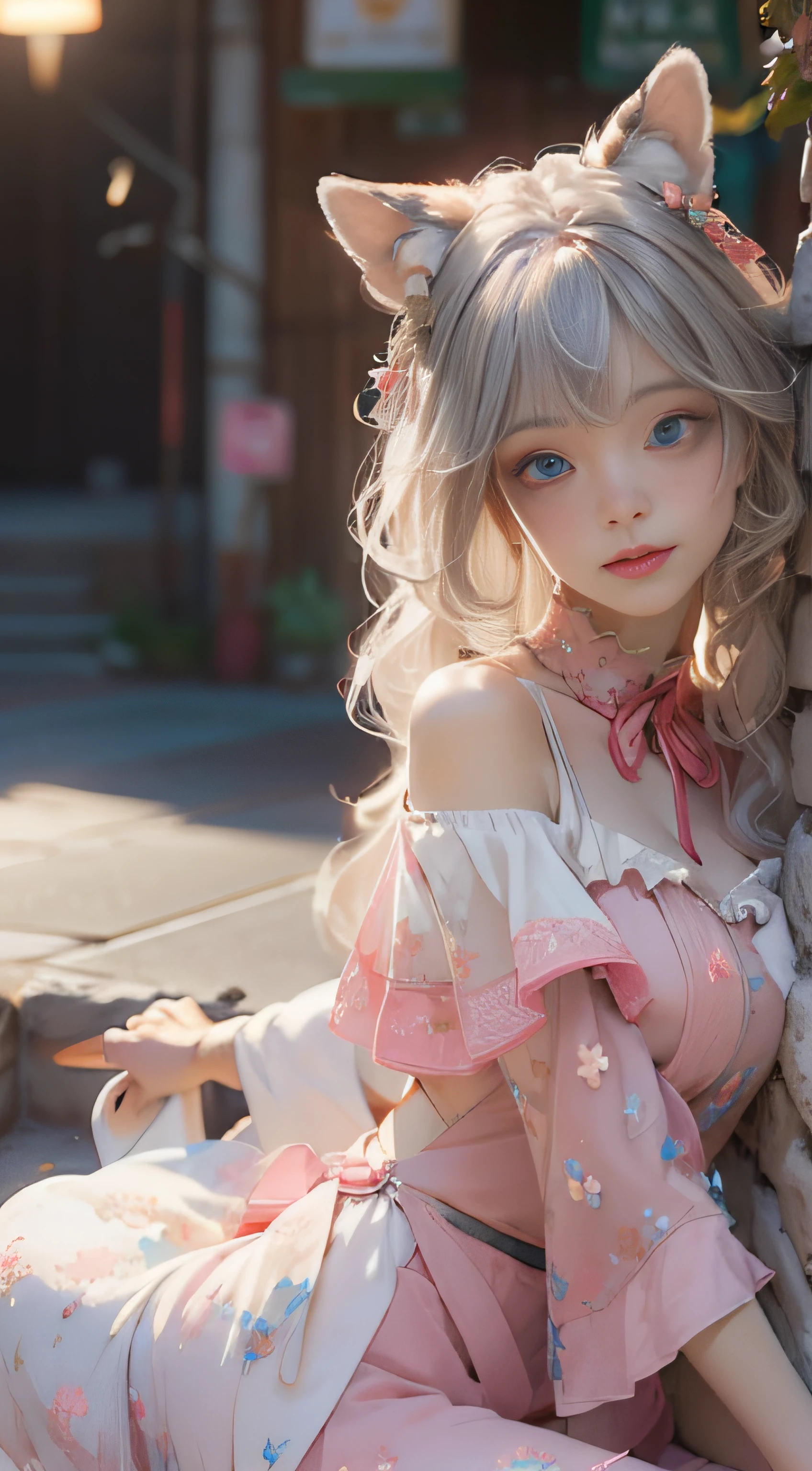 ((best qualtiy)), ((tmasterpiece)), (detail:1.4), Beautiful cyberpunk female images,hdr(HighDynamicRange),Ray traching,NVIDIA RTX,Hyper-Resolution,illusory 5,sub surface scattering,PBR textures,post-proces,Anisotropy Filtering,depth of fields,maximum definition and sharpness,Many-Layer Textures,Albedo e mapas Speculares,Surface coloring,Mitsu-Accurate simulation of material interactions,perfectly proportioned,rendering by octane,Two-colored light,largeaperture,Low ISO,White balance,Rule three points、8K raw data、Beautiful bright blue pupils,off-the-shoulder clothes,Fine pupils,Delicate face and eyes,long eyelasher,Blushlush,Delicate and fluffy hair,pink lip,Pure,Cute face,Sweet girl,Artistic sense,Casual wear,Advancedsense,butterflys,Cherry blossom petal,Beautiful hair accessories,Long hair and waist,Hair fluttering in the wind,Snow-white fox ears,curlies,Snow-white fluffy tail,Positive light,The light from the back window is backlighted