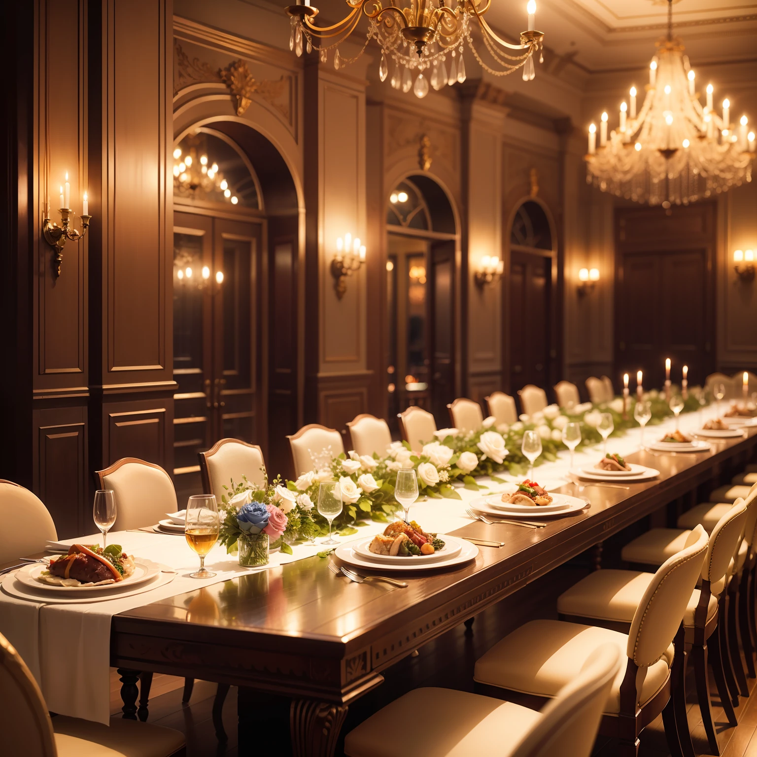 dinner　mansion　Ultra-haute cuisine　Long table　chandelle　wining　top-quality　​masterpiece