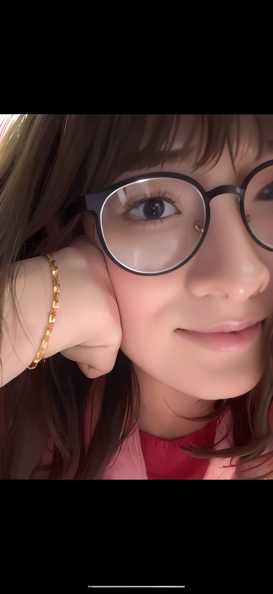 There is one who wears glasses，Woman wearing a bracelet on her arm, wearing gold glasses, wearing small round glasses, wearing gilded ribes, wearing gold detailed choker, wearing thin large round glasses, Wearing a golden halo, gold glasses, close up half body shot, a girl with round glasses, With glasses, hand on her chin, cute slightly nerdy smile, wearing a gold chain