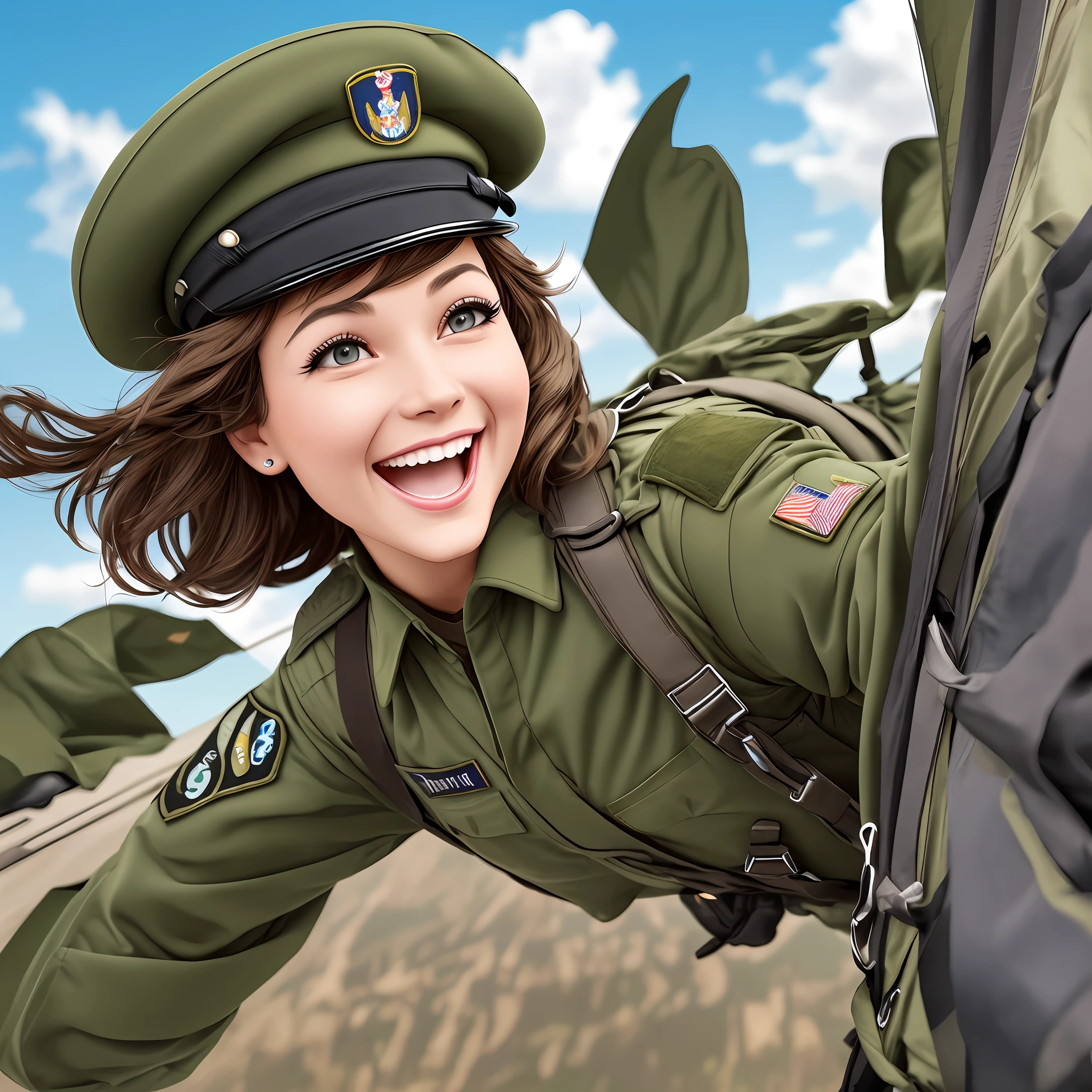 Funny cheerful paratrooper in uniform and blue beret. He waves his hand in greeting. Close-up. Super photorealistic. Disney Pixar cartoon style. Cinematic. Blurred background of parachute exercises and military aircraft. --auto --s2