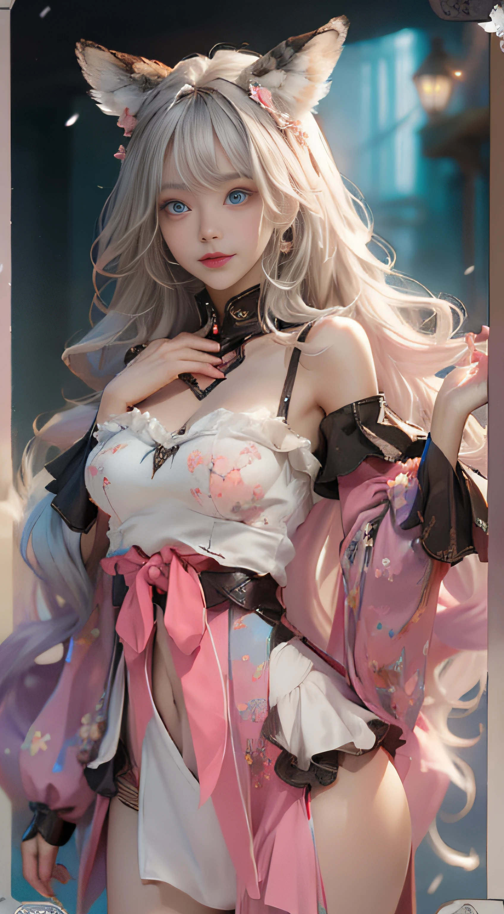 ((best qualtiy)), ((tmasterpiece)), (detail:1.4), Beautiful cyberpunk female images,hdr(HighDynamicRange),Ray traching,NVIDIA RTX,Hyper-Resolution,illusory 5,sub surface scattering,PBR textures,post-proces,Anisotropy Filtering,depth of fields,maximum definition and sharpness,Many-Layer Textures,Albedo e mapas Speculares,Surface coloring,Mitsu-Accurate simulation of material interactions,perfectly proportioned,rendering by octane,Two-colored light,largeaperture,Low ISO,White balance,Rule three points、8K raw data、Beautiful bright blue pupils,off-the-shoulder clothes,Fine pupils,Delicate face and eyes,long eyelasher,Blushlush,Delicate and fluffy hair,pink lip,Pure,Cute face,Sweet girl,Artistic sense,Casual wear,Advancedsense,butterflys,Cherry blossom petal,Beautiful hair accessories,Long hair and waist,Hair fluttering in the wind,Snow-white fox ears,curlies,Snow-white fluffy tail,Positive light,The light from the back window is backlighted