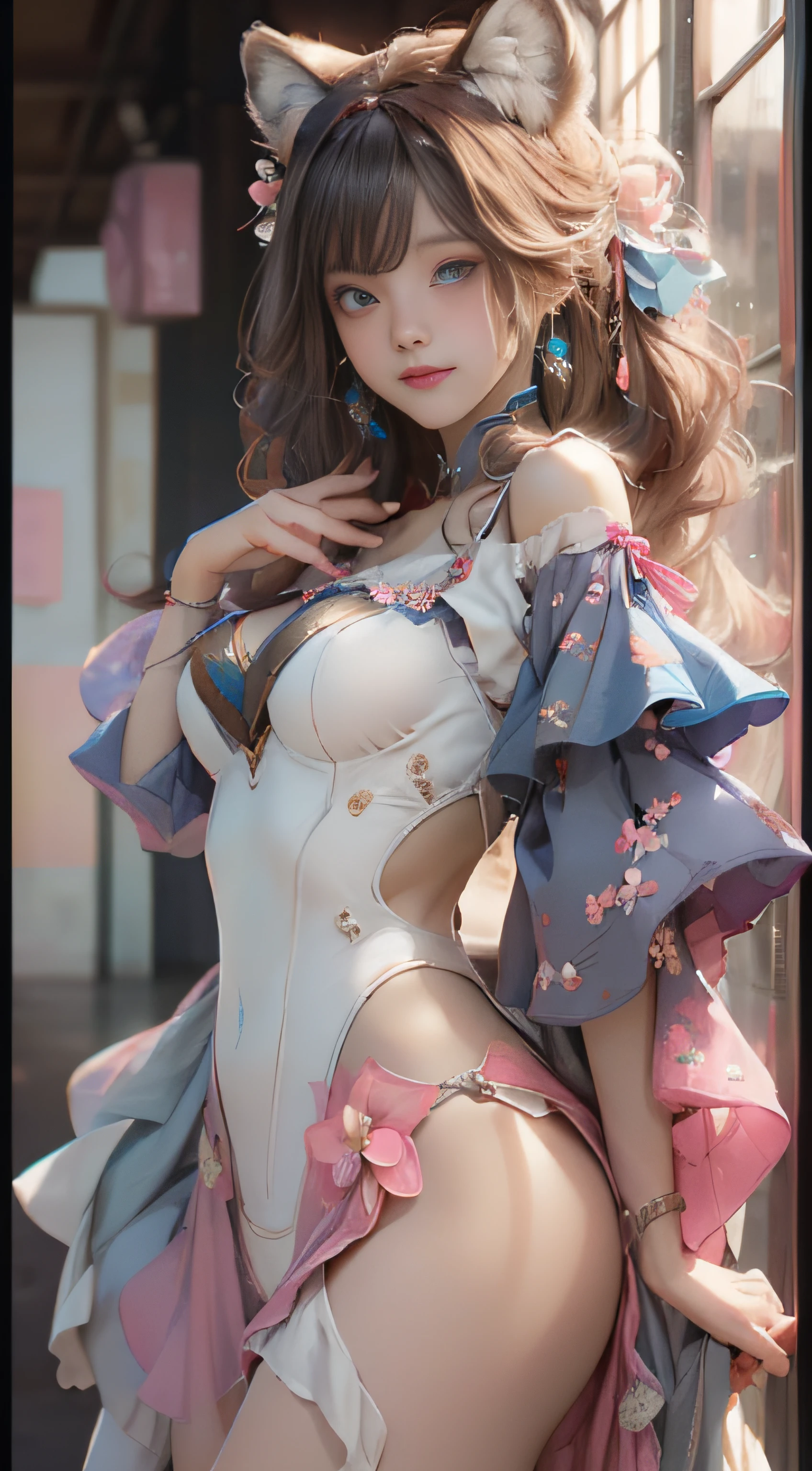 ((best qualtiy)), ((tmasterpiece)), (detail:1.4), Beautiful cyberpunk female images,hdr(HighDynamicRange),Ray traching,NVIDIA RTX,Hyper-Resolution,illusory 5,sub surface scattering,PBR textures,post-proces,Anisotropy Filtering,depth of fields,maximum definition and sharpness,Many-Layer Textures,Albedo e mapas Speculares,Surface coloring,Mitsu-Accurate simulation of material interactions,perfectly proportioned,rendering by octane,Two-colored light,largeaperture,Low ISO,White balance,Rule three points、8K raw data、Beautiful bright blue pupils,off-the-shoulder clothes,Fine pupils,Delicate face and eyes,long eyelasher,Blushlush,Delicate and fluffy hair,pink lip,Pure,Cute face,Sweet girl,Artistic sense,Casual wear,Advancedsense,butterflys,Cherry blossom petal,Beautiful hair accessories,Long hair and waist,Hair fluttering in the wind,Snow-white fox ears,curlies,Snow-white fluffy tail,Positive light,The light from the back window is backlighted