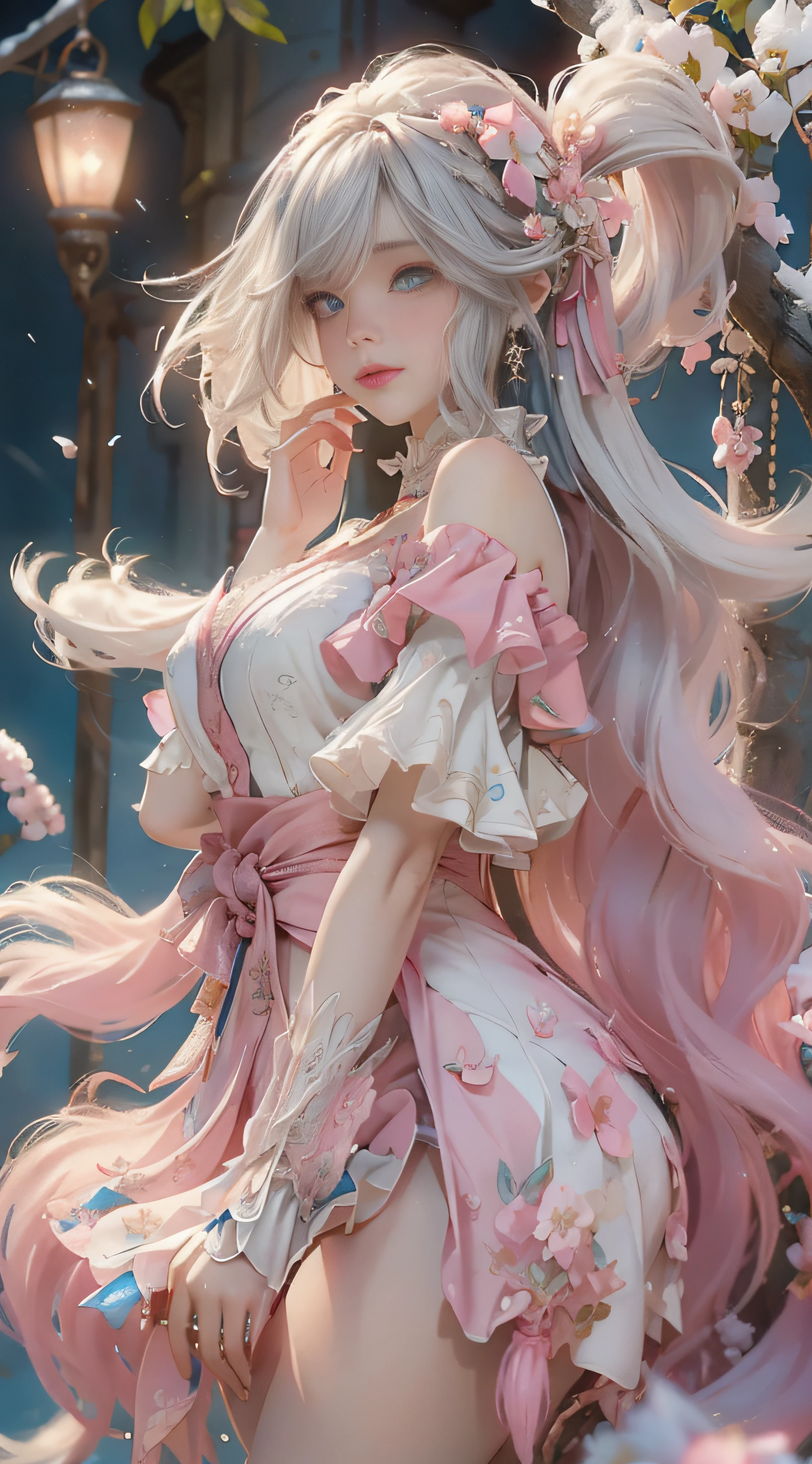 ((best qualtiy)), ((tmasterpiece)), (detail:1.4), Beautiful cyberpunk female images,hdr(HighDynamicRange),Ray traching,NVIDIA RTX,Hyper-Resolution,illusory 5,sub surface scattering,PBR textures,post-proces,Anisotropy Filtering,depth of fields,maximum definition and sharpness,Many-Layer Textures,Albedo e mapas Speculares,Surface coloring,Mitsu-Accurate simulation of material interactions,perfectly proportioned,rendering by octane,Two-colored light,largeaperture,Low ISO,White balance,Rule three points、8K raw data、Beautiful bright blue pupils,off-the-shoulder clothes,Fine pupils,Delicate face and eyes,long eyelasher,Blushlush,Delicate and fluffy hair,pink lip,Pure,Cute face,Sweet girl,Artistic sense,Casual wear,Advancedsense,butterflys,Cherry blossom petal,Beautiful hair accessories,Long hair and waist,Hair fluttering in the wind,Snow-white fox ears,curlies,Snow-white fluffy tail,Positive light,The light from the back window is backlighted