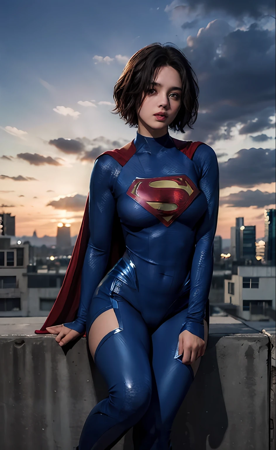 1girl, (twilight), short hair, 
(looking at viewer,( lip biting )), supergirl, cityscape, (flying),blue sky,cloud,parted lips,blue tights and boots,
intricate details,highly detailed,shiny hair,shiny skin,8k resolution,( full body)