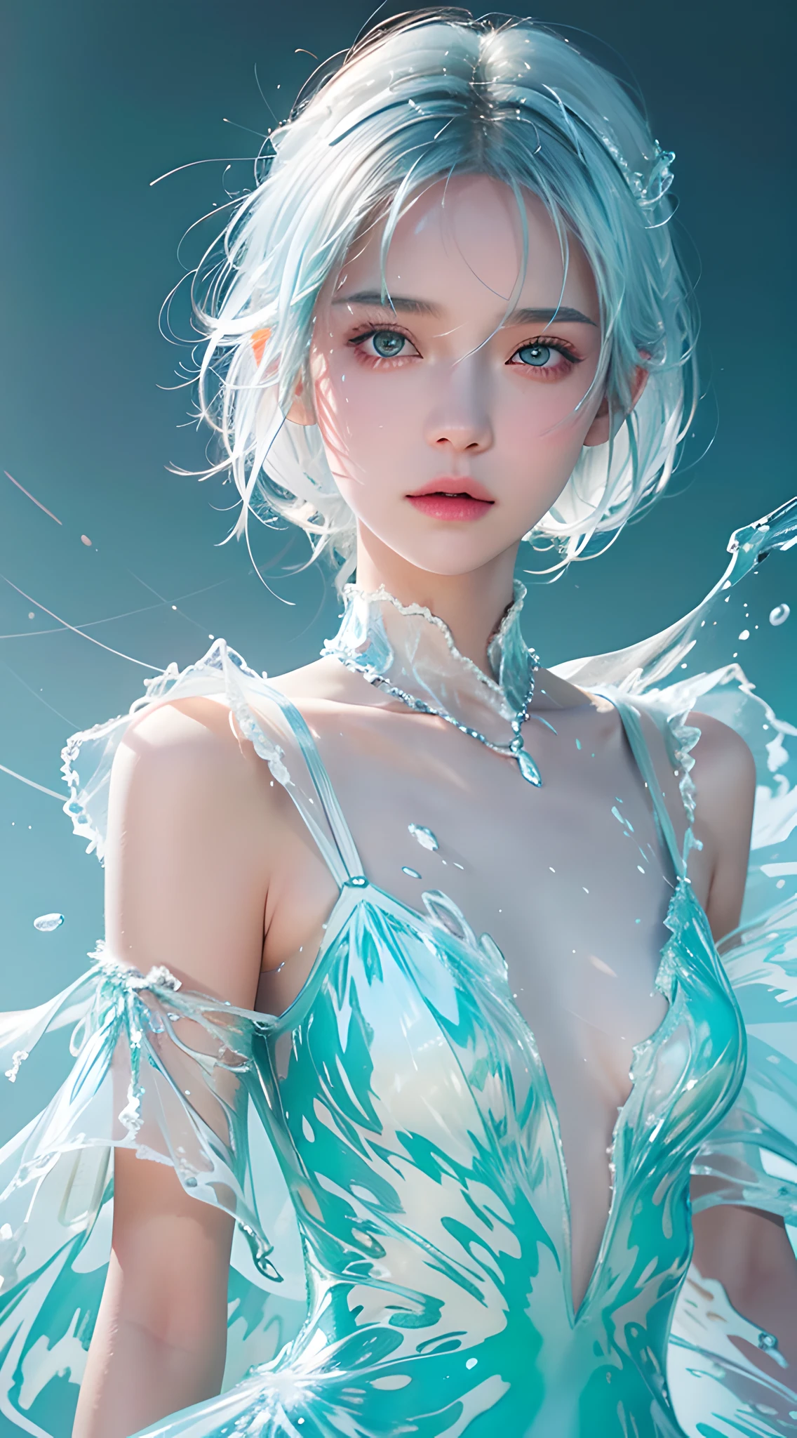 (masterpiece, best quality:1.2), 8k, 85mm, raw photo, absurdres, white and cyan theme, (liquid clothes, liquid dress:1.4), white hair, gradient dress, delicate girl, upper body, close up face, shiny skin, teen, looking at viewer, HDR, sharp focus, particle, twilight sky, detailed eyes and face, white hair, simple background