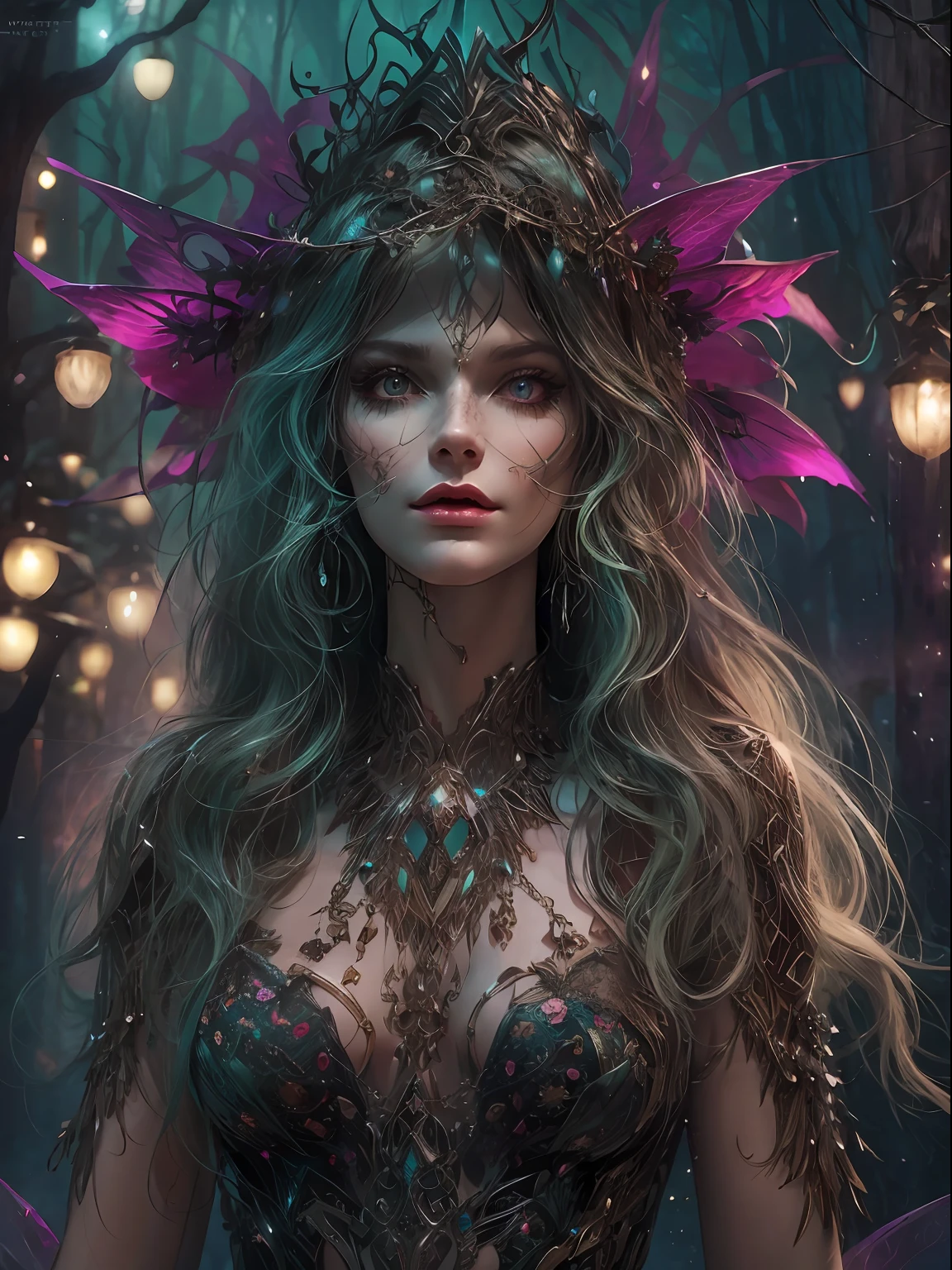 HighestQuali,tmasterpiece:1.2,Detailed details,Full body image of a beautiful forest witch in a decorative dress, Witch fashion, dynamicposes, fairy lights, Hyperrealistic, hyper-maximalist, insanely details, 4K