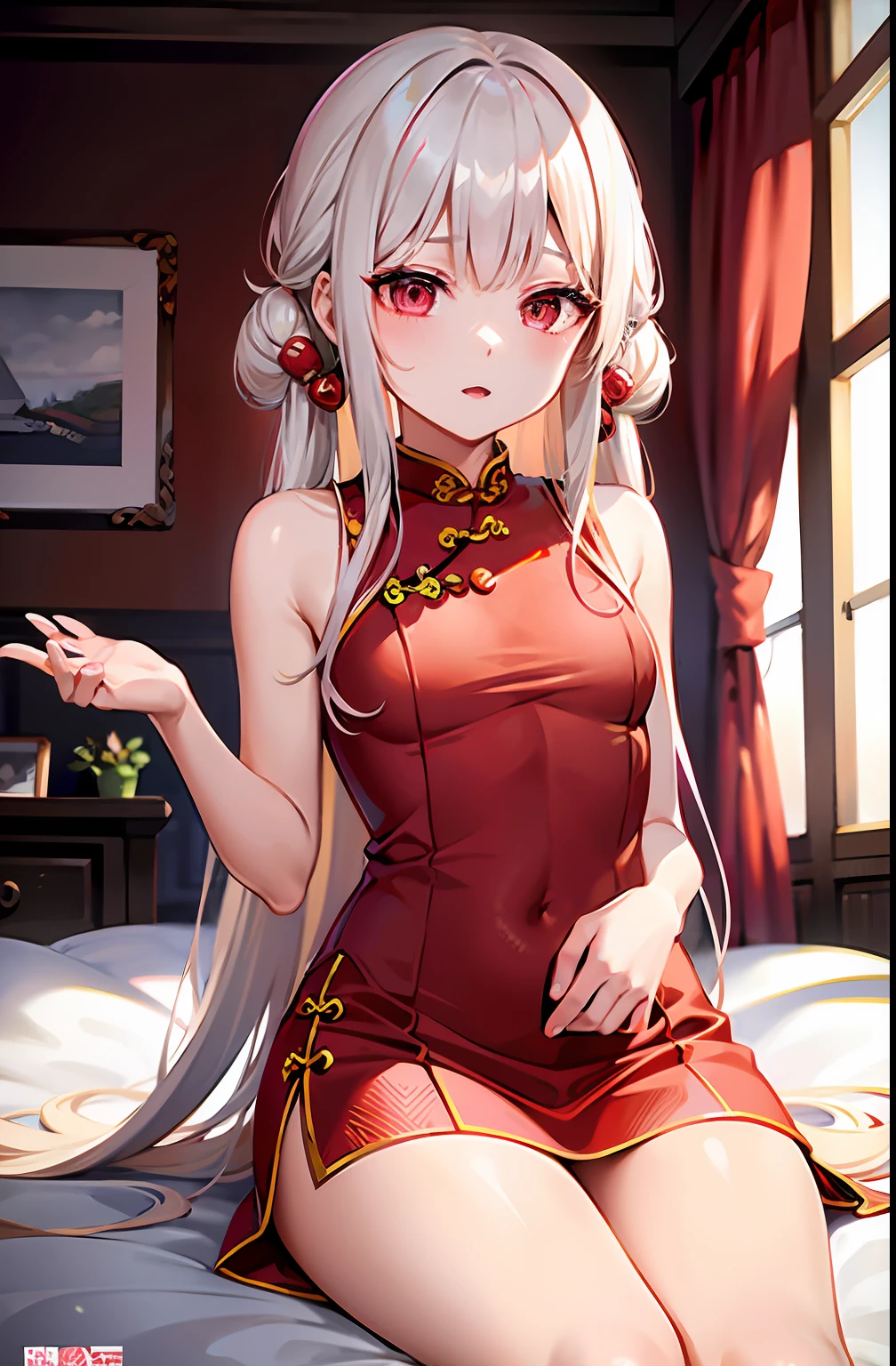 top-quality、超A high resolution、 1 人、((Red Mini Cheongsam))、cute little、(Kpop Idle)、(Charming Monkey:1)、(Platinum Blonde Hair:1)、((Puffy eyes))、Looking for the observer side、full bodyesbian、facing the front there