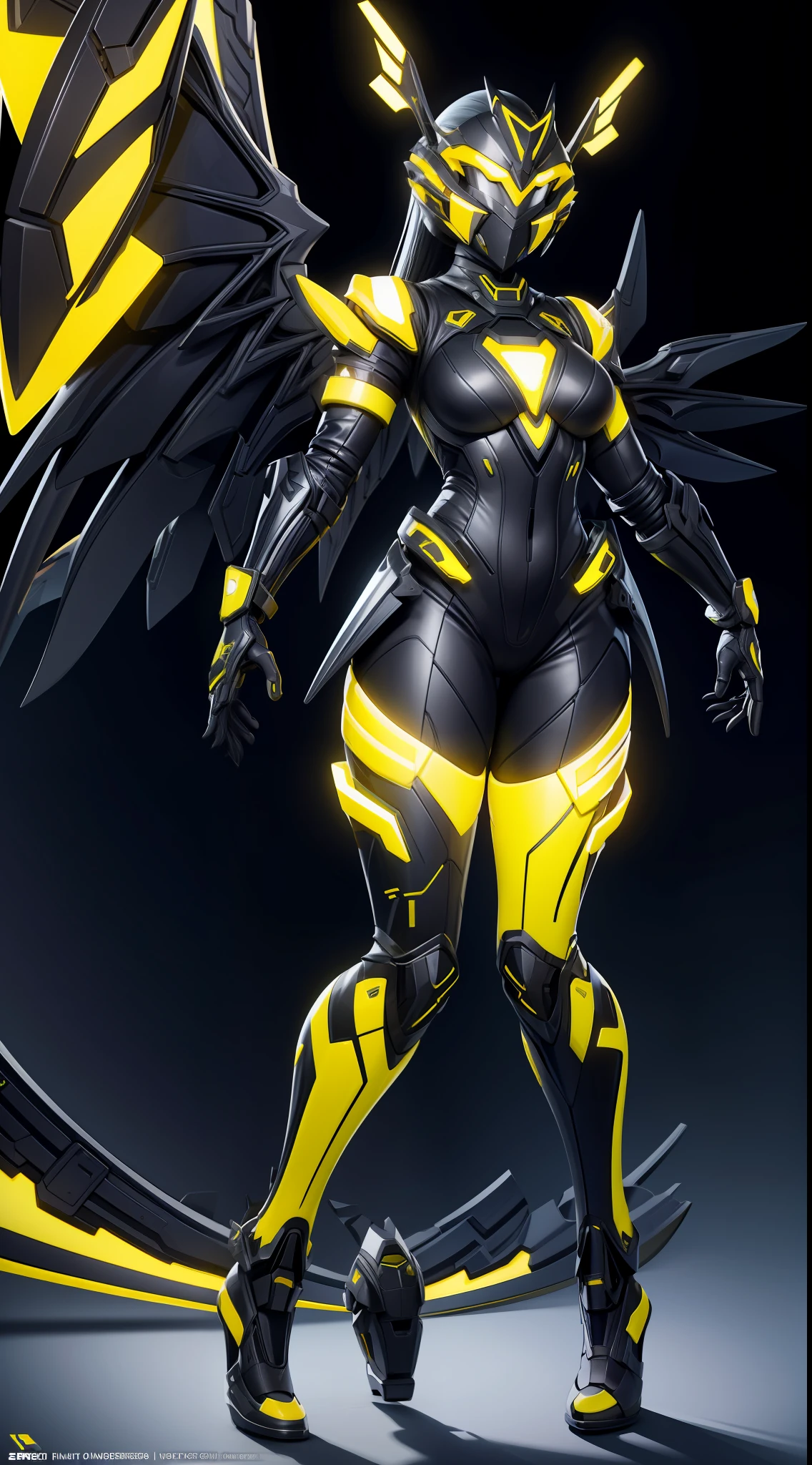 solo, super fine photo, full body picture Unreal Engine 5 8K UHD of a girl, wearing futuristic black and white tight rubber battle suit with wings, cyber knight design, full face mask, yellow light details, gloves with yellow light detail, best quality, masterpiece, unified 8k wallpaper, super detailed, sharp focus, dynamic pose