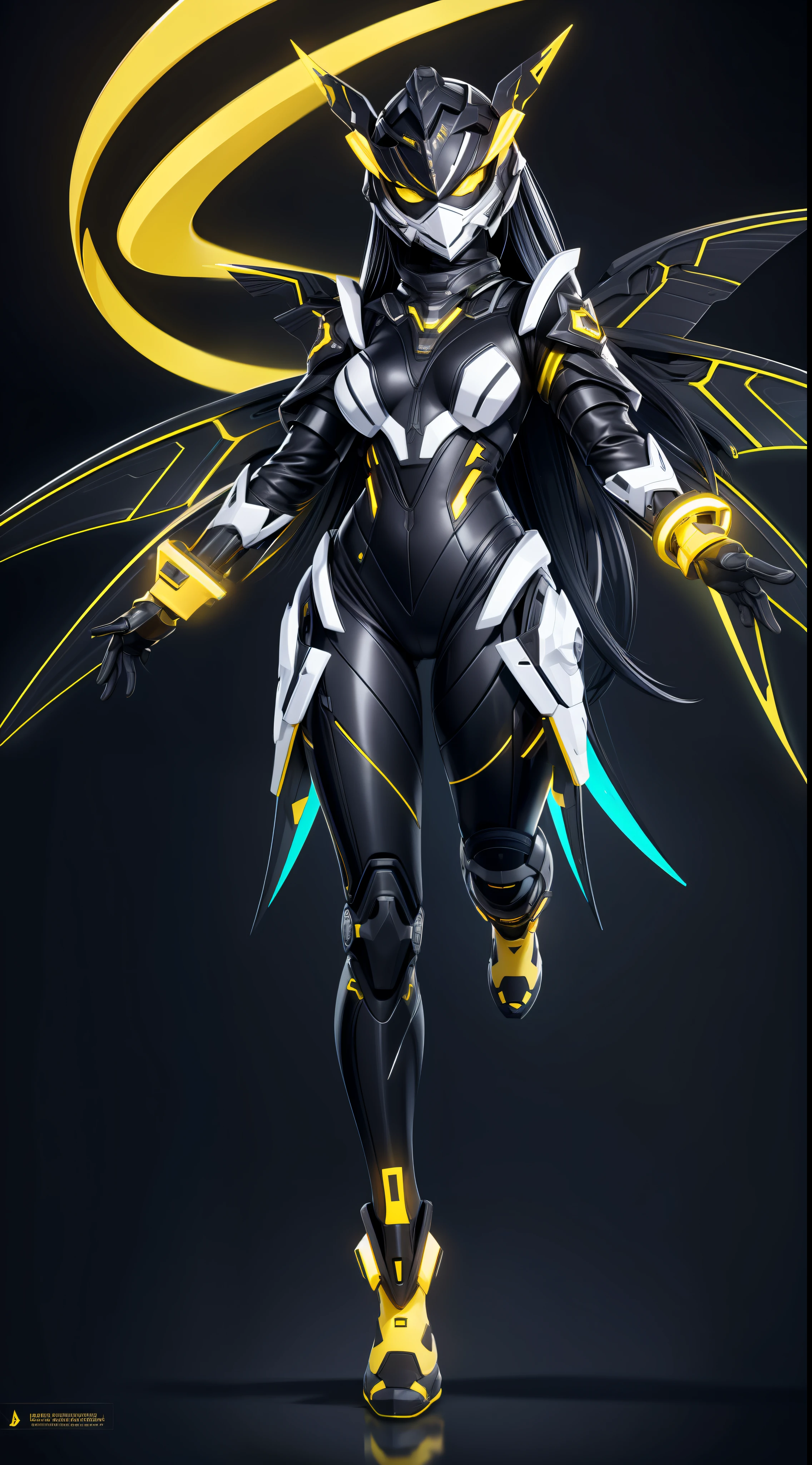 solo, super fine photo, full body picture Unreal Engine 5 8K UHD of a girl, wearing futuristic black and white tight rubber battle suit with wings, cyber knight design, full face mask, yellow light details, gloves with yellow light detail, best quality, masterpiece, unified 8k wallpaper, super detailed, sharp focus, dynamic pose