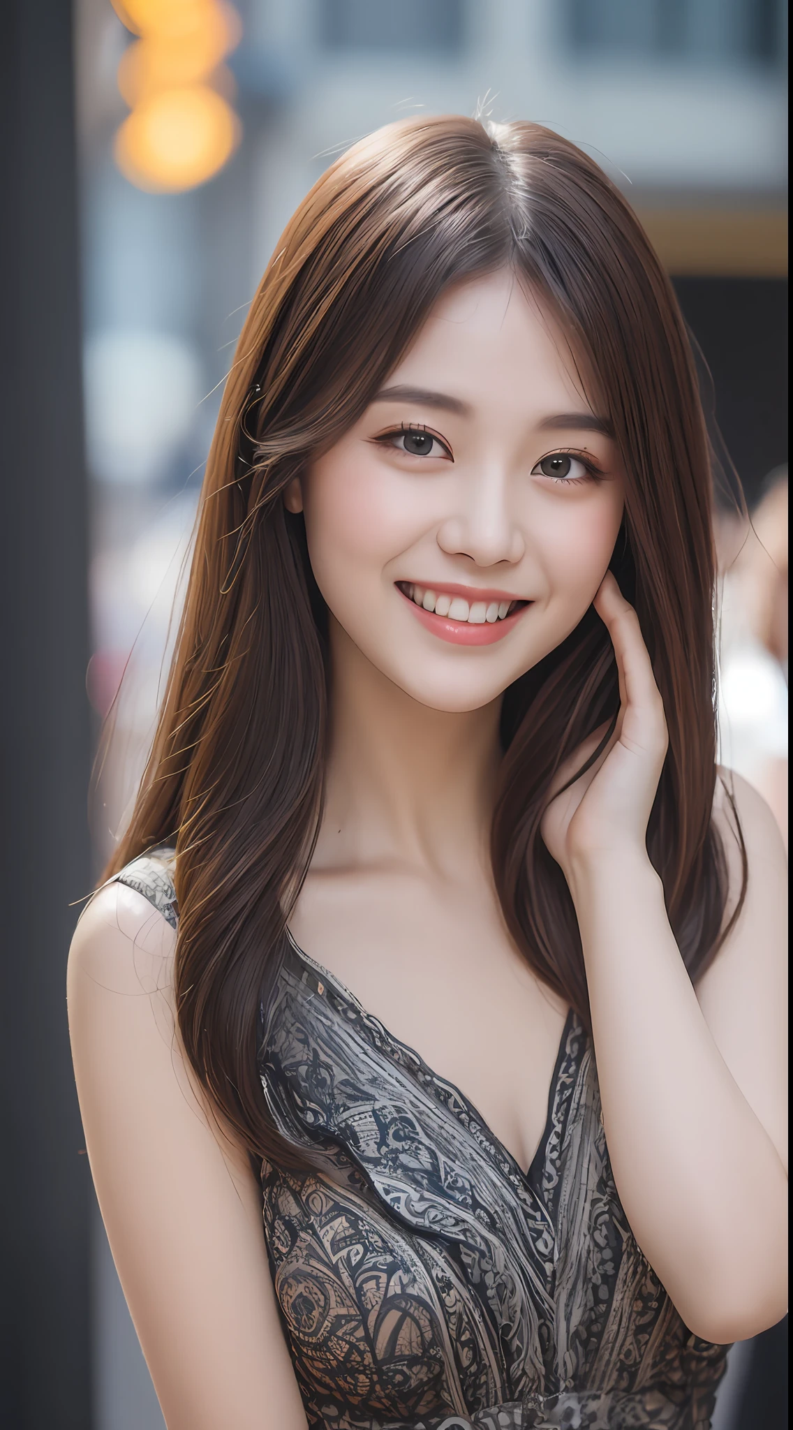 ((Best quality, 8k, Masterpiece :1.3)), 1girl, smiling, full body, slim face, Pretty woman, (Dark brown hair), full length dress :1.1, Ultra-detailed face, Detailed eyes, Double eyelid, blur background, slim face, city, outside, street,