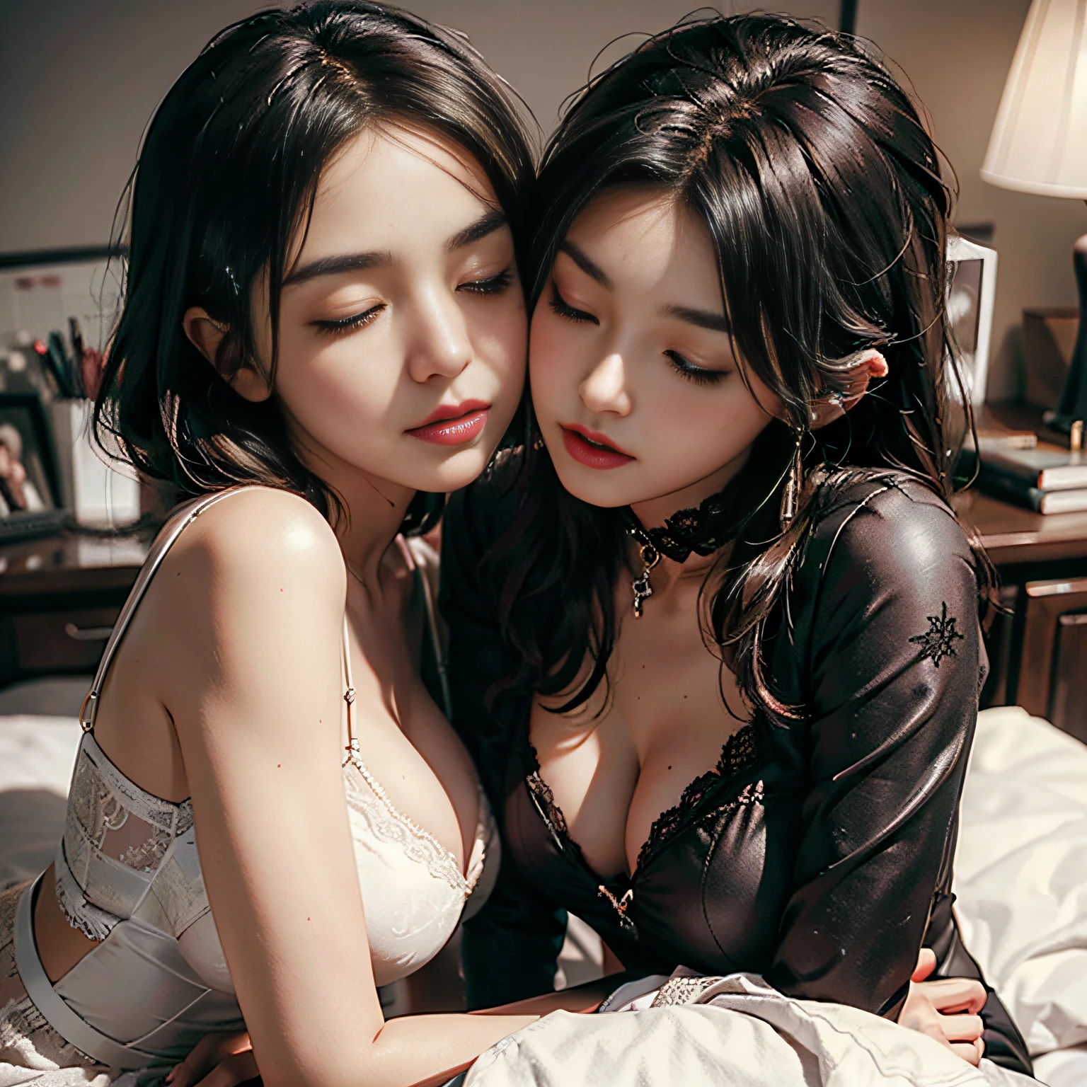 Succubus, lesbian, Kissing, Office Lady, Cute gravure idol, bed, Mature Woman, Young Girl, Height difference, Age difference, Demon Girl, seductiv, Saliva, romantic, Lips touch, Closed eyes