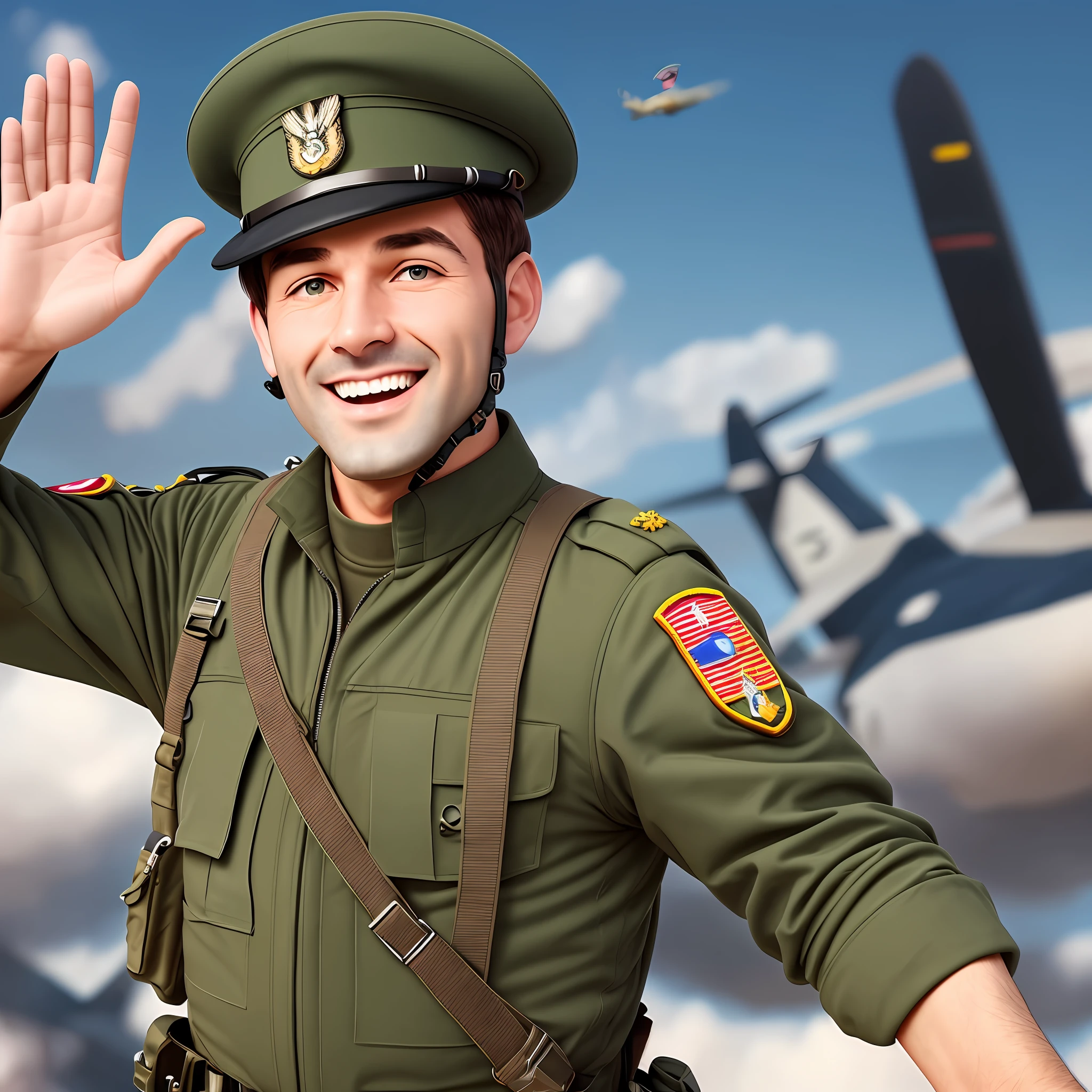 Funny cheerful paratrooper in uniform and blue beret. He waves his hand in greeting. Close-up. Super photorealistic. Disney Pixar cartoon style. Cinematic. Blurred background of parachute exercises and military aircraft. --auto --s2