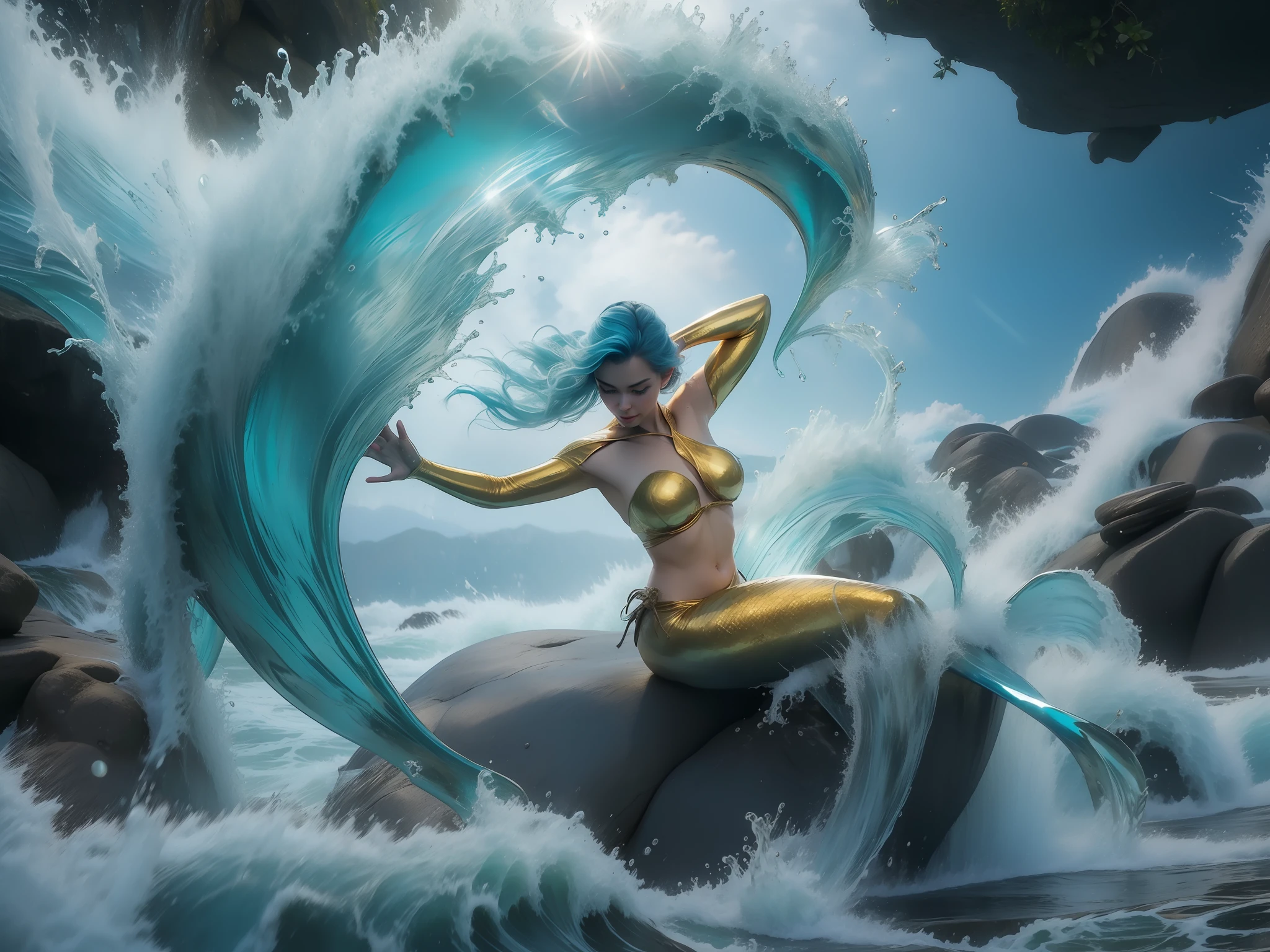 A beautiful mermaid on a rock in middle of rough waters unleash the power of water, she rise the hand creating an arch of whips of water, where the sunlight reflects. Mermaid with golden bikini top, golden cauda. Photography.