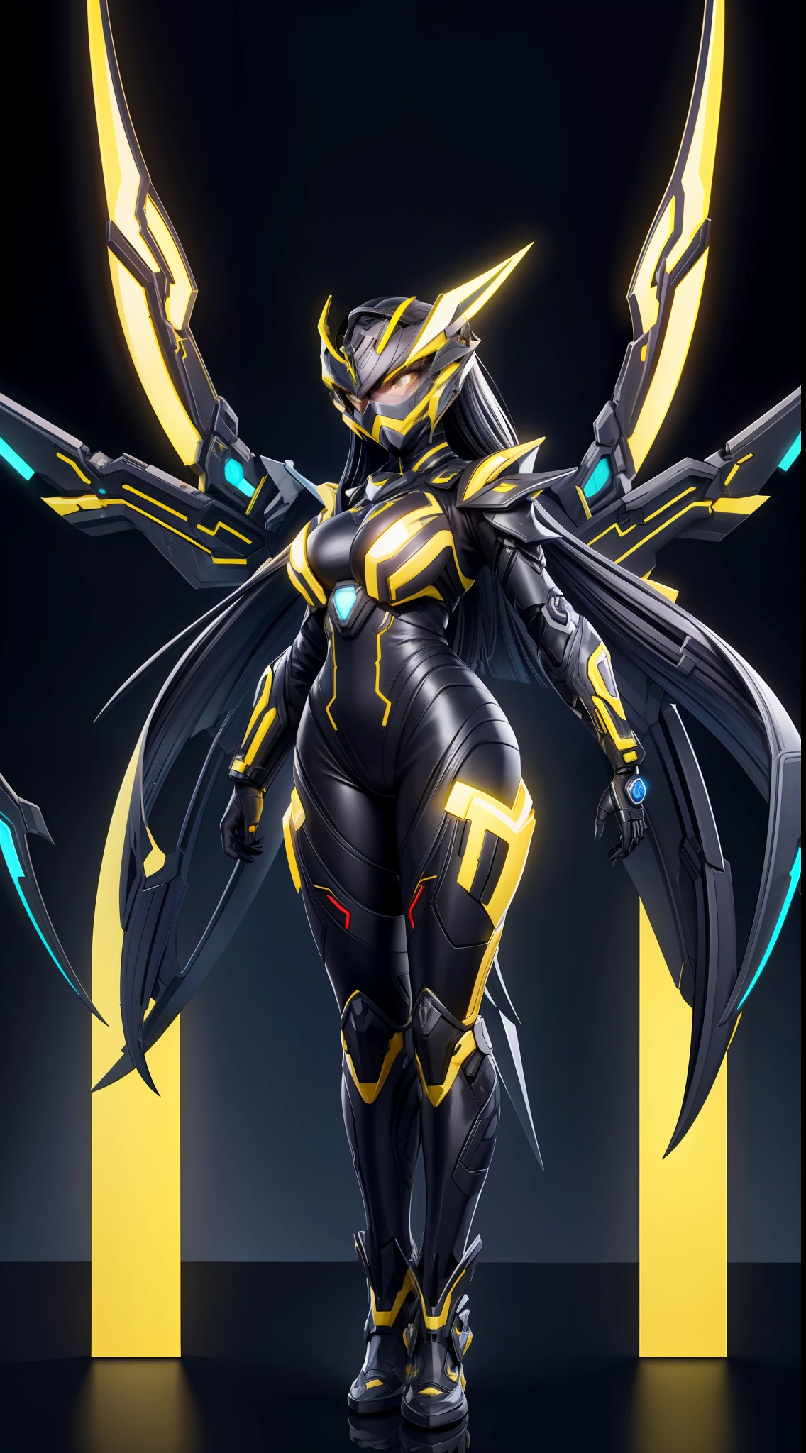 solo, super fine photo, full body picture Unreal Engine 5 8K UHD of a girl, wearing futuristic black and white tight rubber battle suit with wings, cyber knight design, cyber angel knight, full face mask, yellow light details, gloves with yellow light detail, best quality, masterpiece, unified 8k wallpaper, super detailed, sharp focus, goddess pose