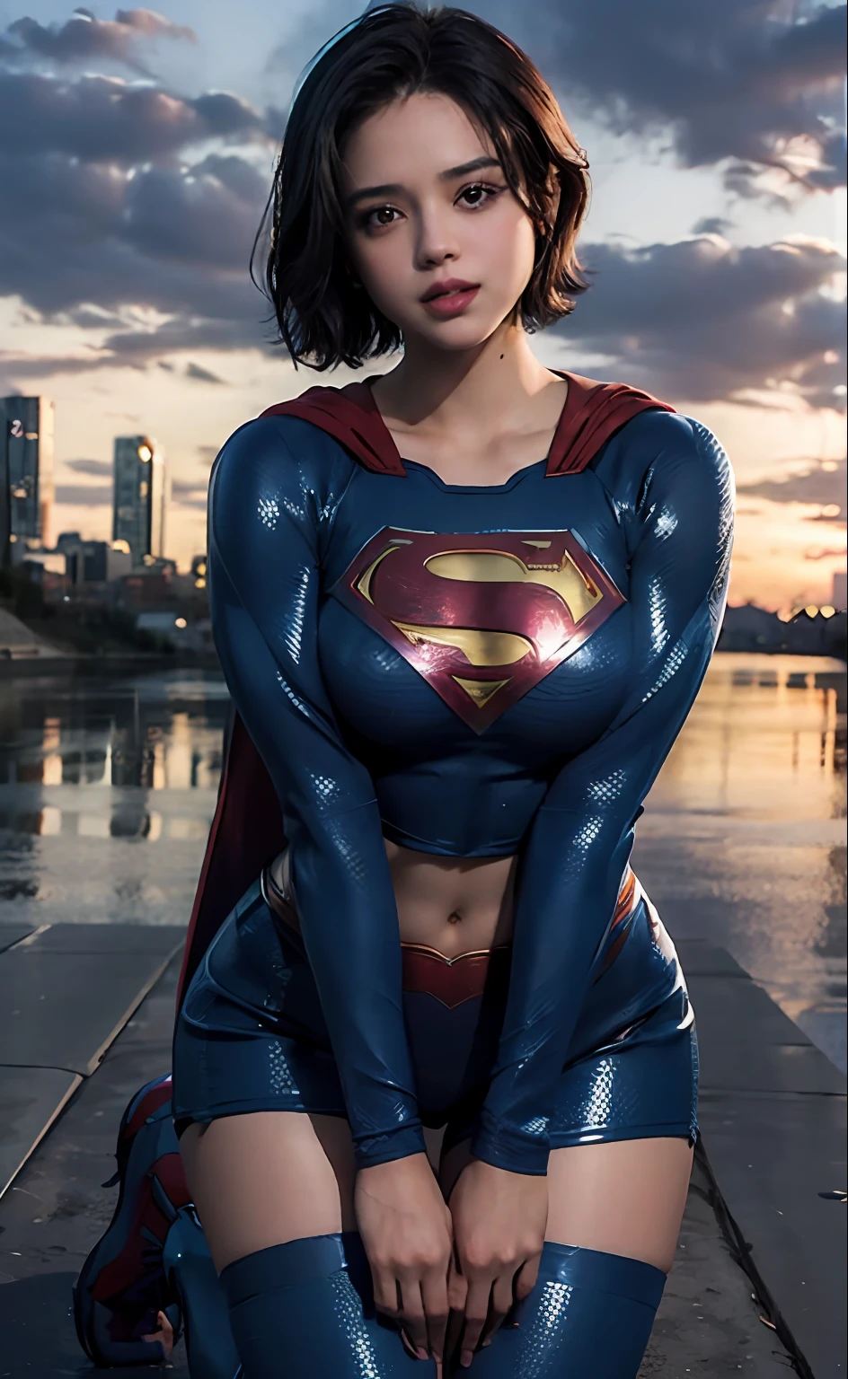 1girl, (twilight), short hair, 
(looking at viewer,( lip biting )), supergirl, cityscape, (flying),blue sky,cloud,parted lips,blue tights and boots,
intricate details,highly detailed,shiny hair,shiny skin,8k resolution,( full body)