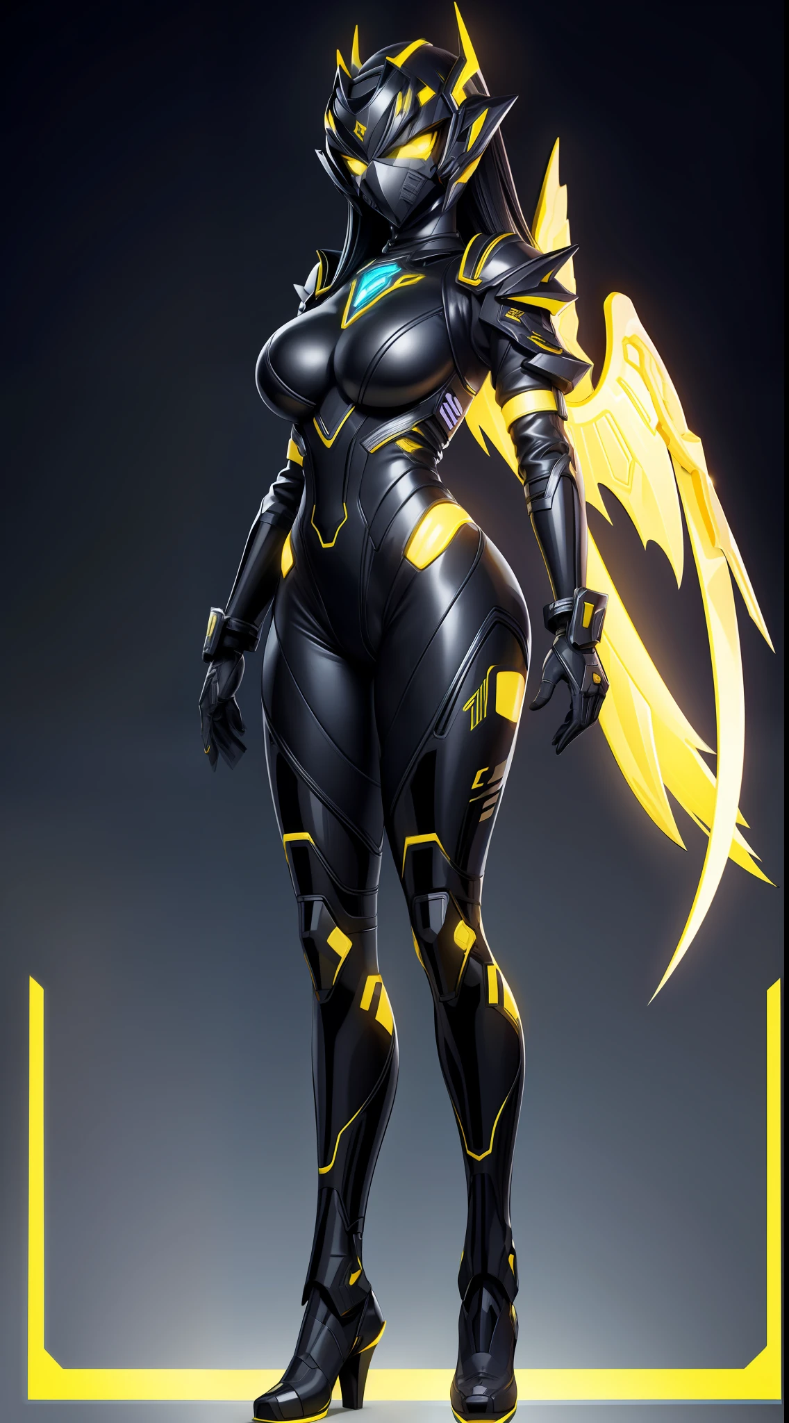 solo, super fine photo, full body picture Unreal Engine 5 8K UHD of a girl, wearing futuristic black and white tight rubber battle suit with wings, cyber knight design, cyber angel knight, full face mask, yellow light details, gloves with yellow light detail, best quality, masterpiece, unified 8k wallpaper, super detailed, sharp focus, goddess pose