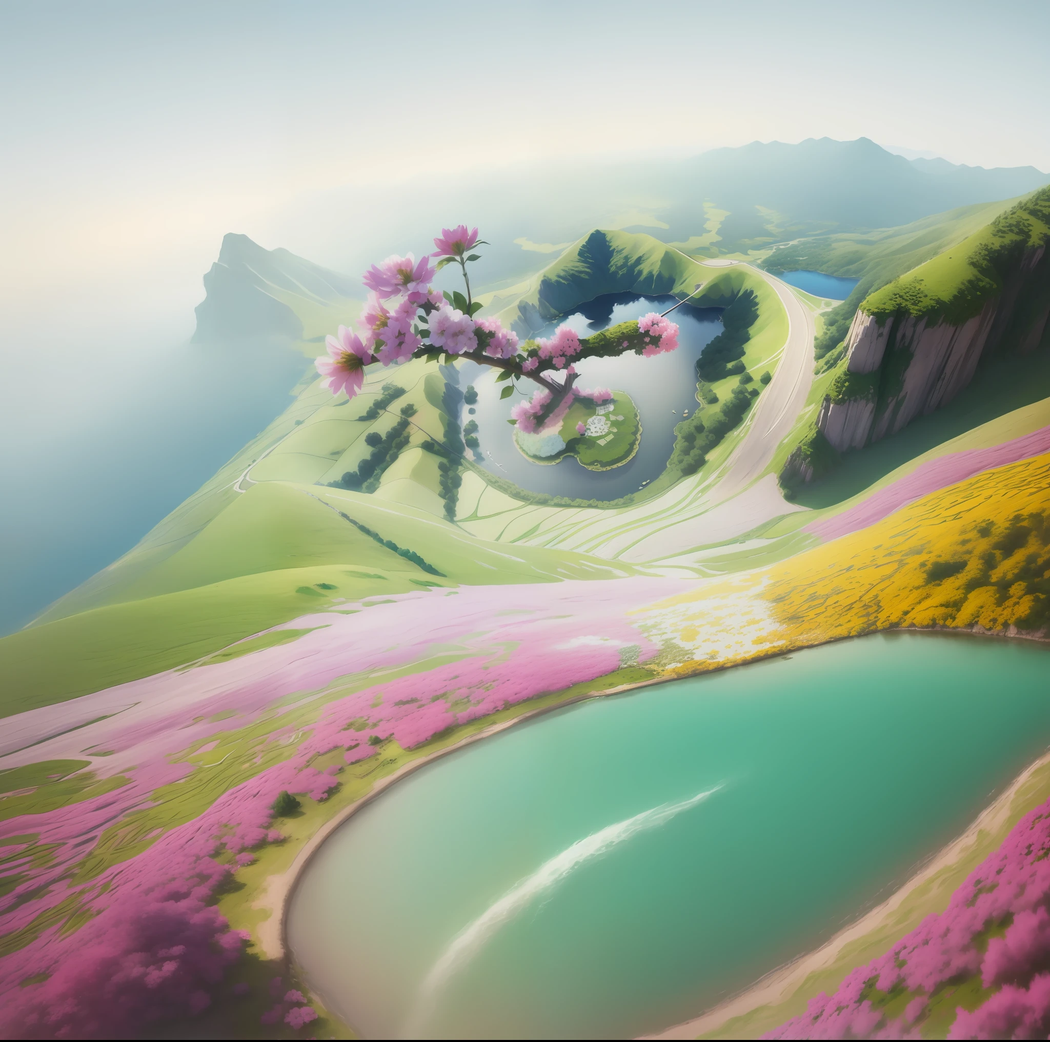Bird's-eye view, aerial view, (Flower Sea,1.2),colorful flowers mountains, streams, flowers everywhere,masterpiece photo,high-definition, reality, 4K
