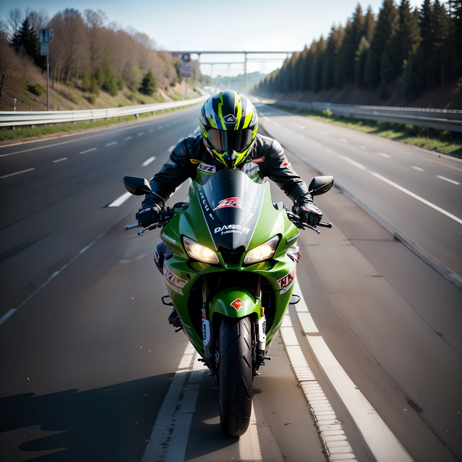 black hair, Riding a race motorcycle, Kawasaki H2 Boy, deep dark background, On the highway, Drive at great speed, Surrealism, 8k, super detail, 16k, 16k, 16k, highres, best quality