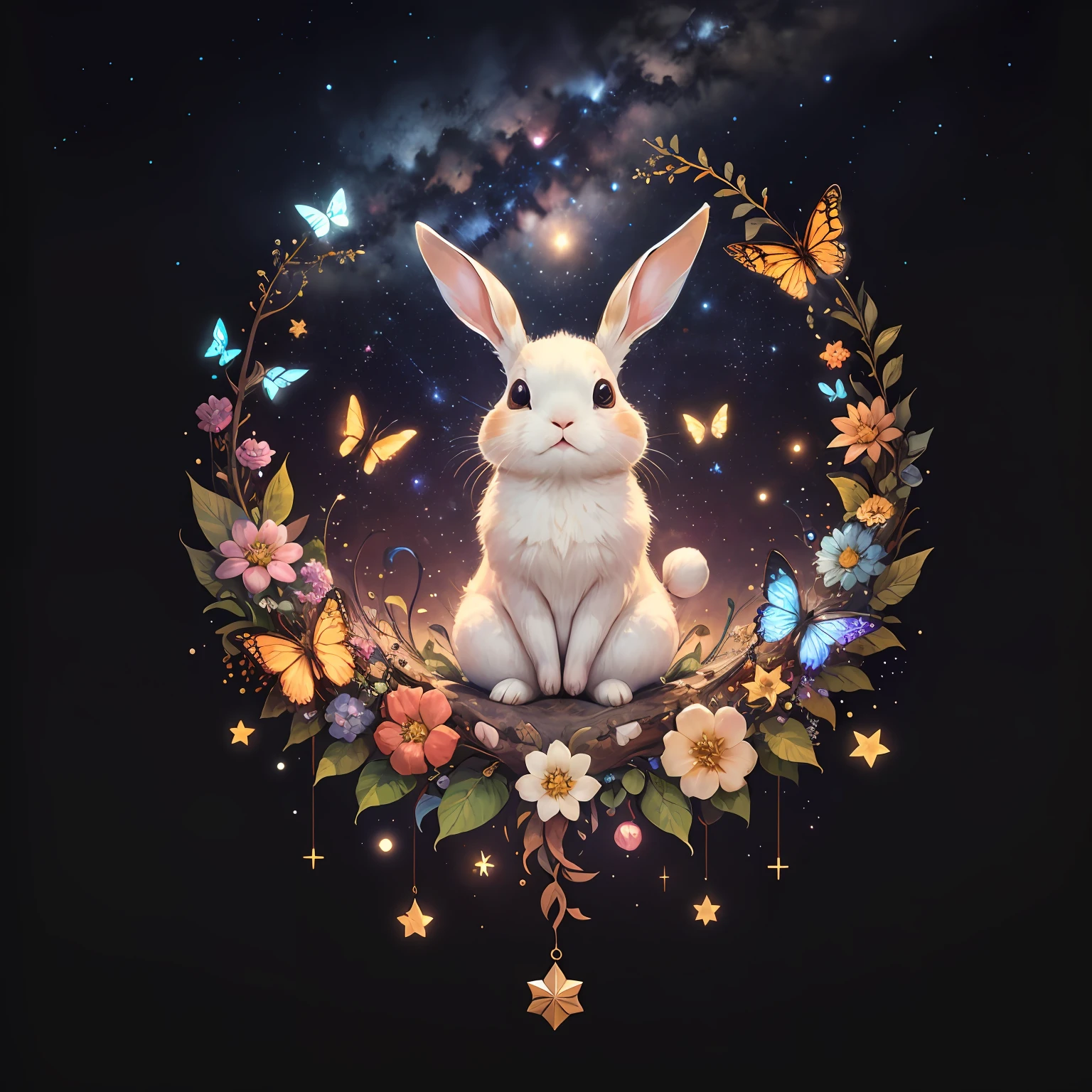 cute00d, Star (symbol), 1 rabbit、Lots of butterflies around、 Black background, Star (skyporn), floating, a cluster of butterflies, spaces, thread,​masterpiece、top-quality、detail portrayal、Artistic、