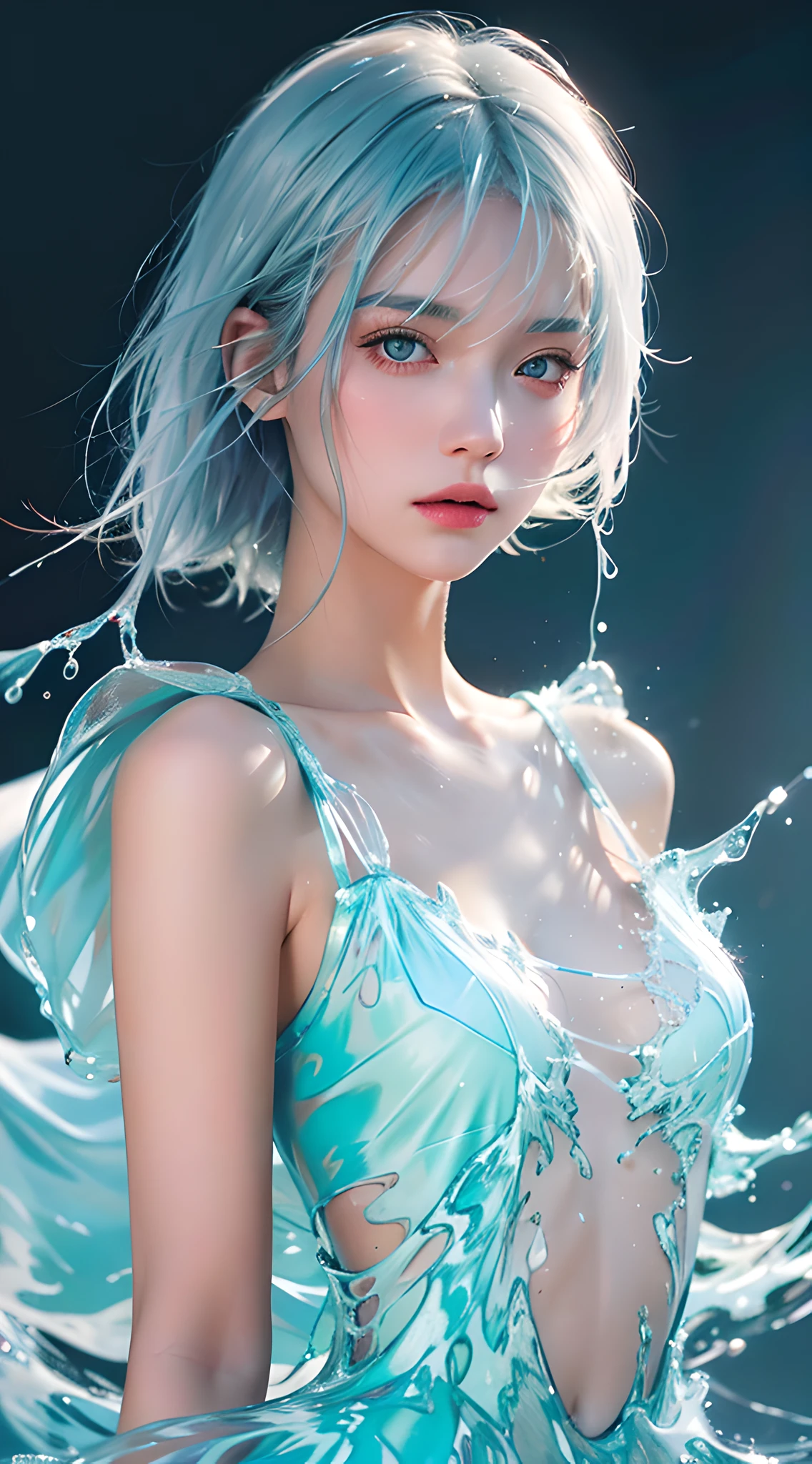 (masterpiece, best quality:1.2), 8k, 85mm, raw photo, absurdres, white and cyan theme, (liquid clothes, liquid dress:1.4), white hair, gradient dress, delicate girl, upper body, close up face, shiny skin, teen, looking at viewer, HDR, sharp focus, particle, twilight sky, detailed eyes and face, white hair, simple background