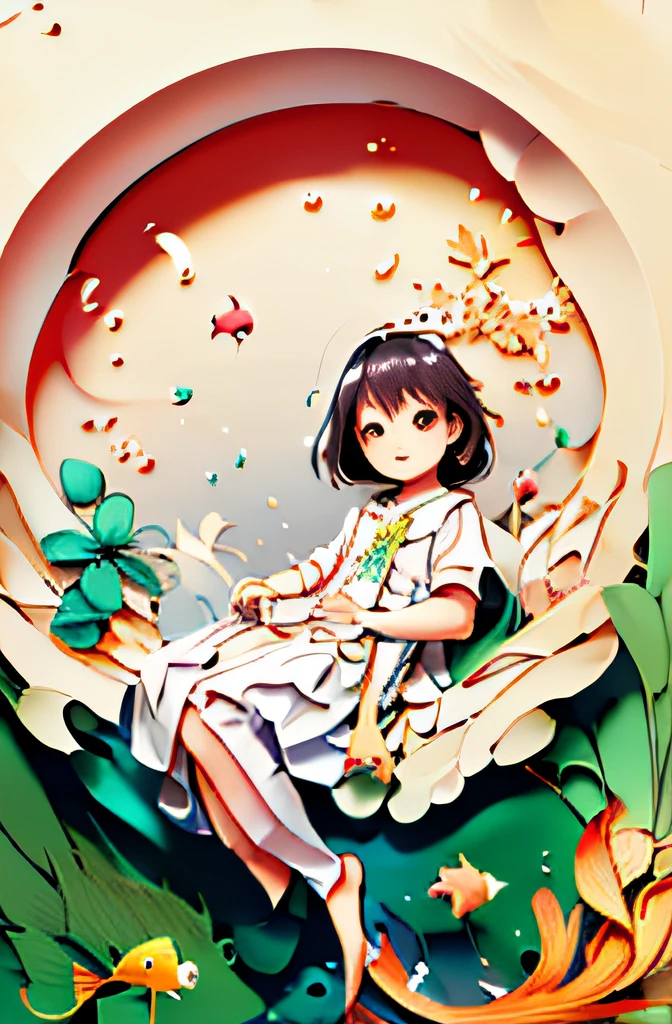 (Masterpiece), Best Quality, Illustration, Beautiful Details Glow, 1 Cute Little Girl, Cute Facial Features, Solo, Full Body, White Cloth, Lotus, (Goldfish), Unified 8k wallpaper, detailed, beautiful and aesthetic