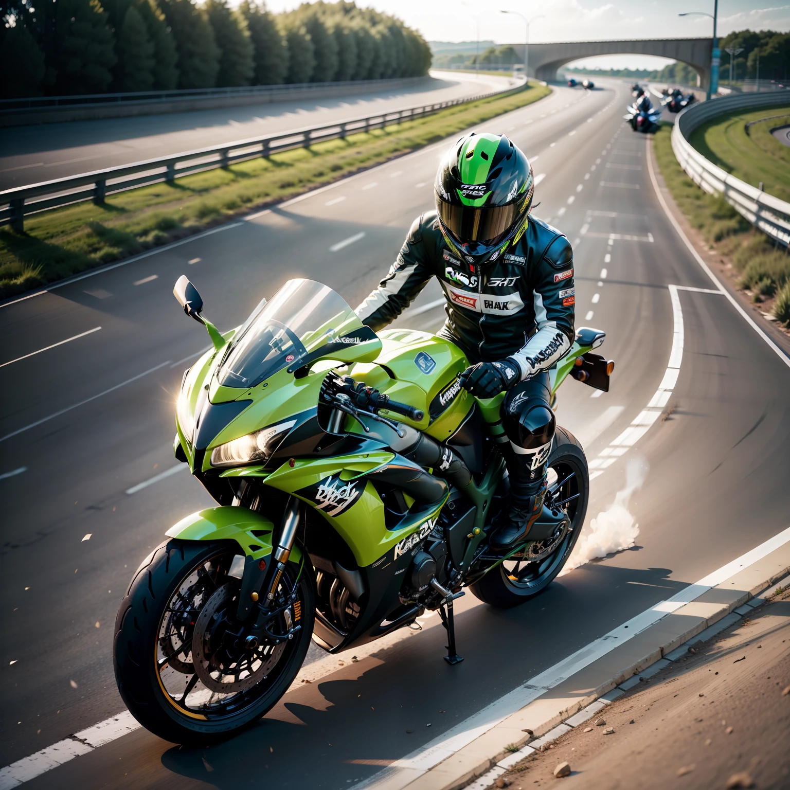 black hair, Riding a race motorcycle, Kawasaki H2 Boy, deep dark background, On the highway, Drive at great speed, Surrealism, 8k, super detail, 16k, 16k, 16k, highres, best quality