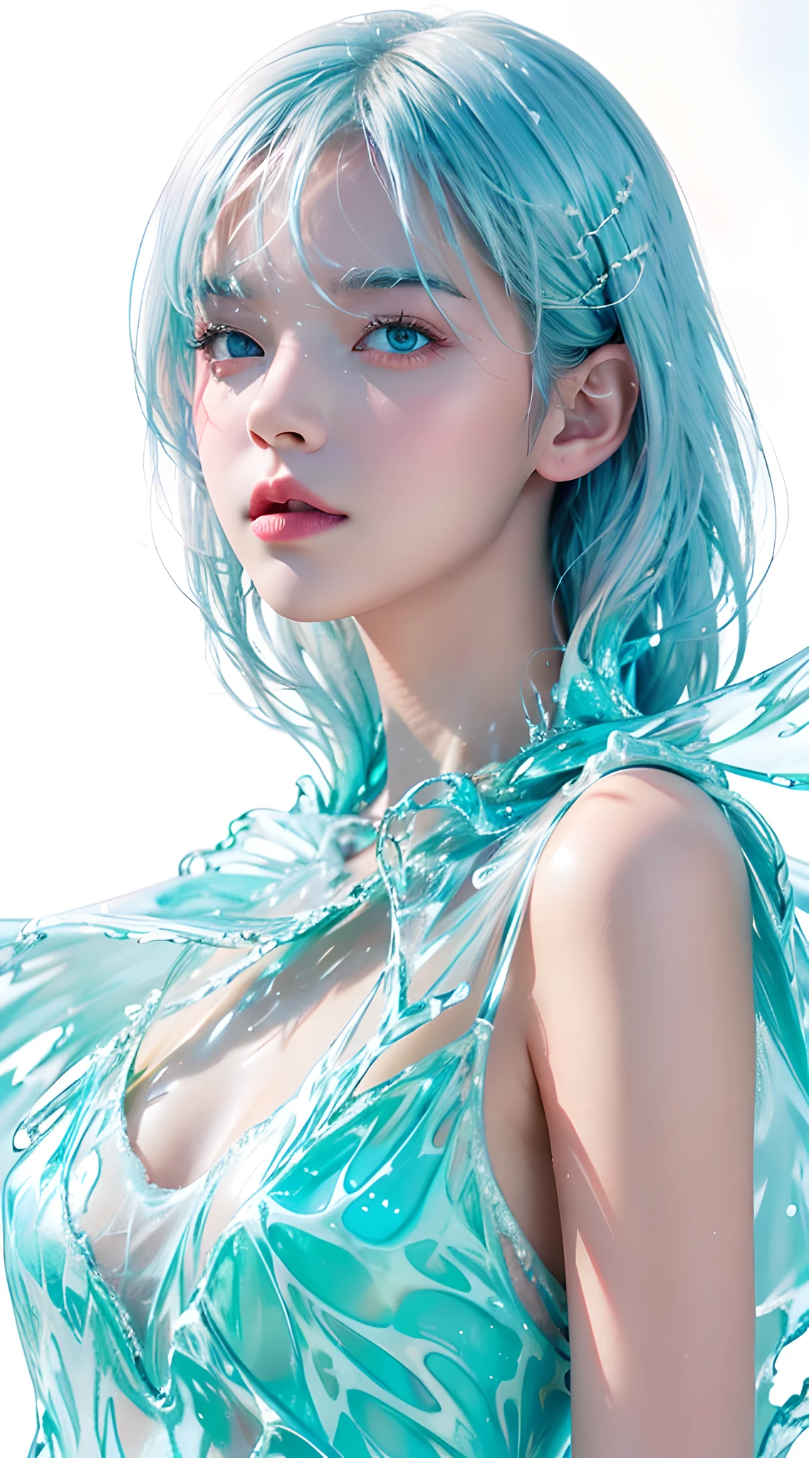 (masterpiece, best quality:1.2), 8k, 85mm, raw photo, absurdres, white and cyan theme, (liquid clothes, liquid dress:1.4), white hair, gradient dress, delicate girl, upper body, close up face, shiny skin, teen, looking at viewer, HDR, sharp focus, particle, twilight sky, detailed eyes and face, white background, simple background
